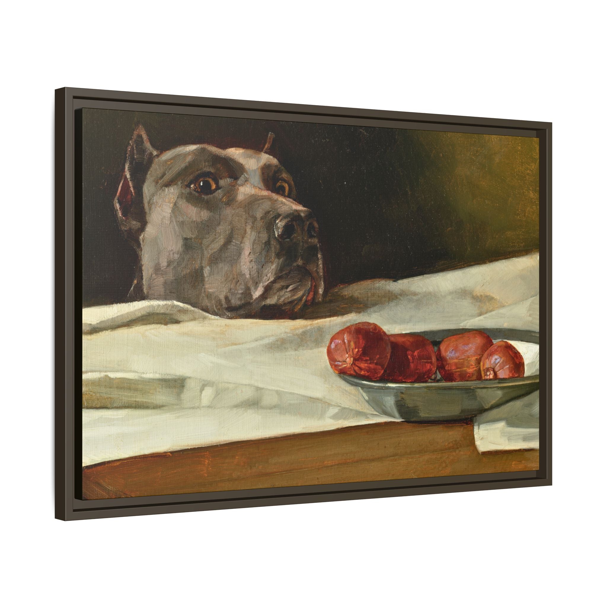 Framed Matte Canvas Print — Great Dane Dog & The Sausage Still Life Wall Art