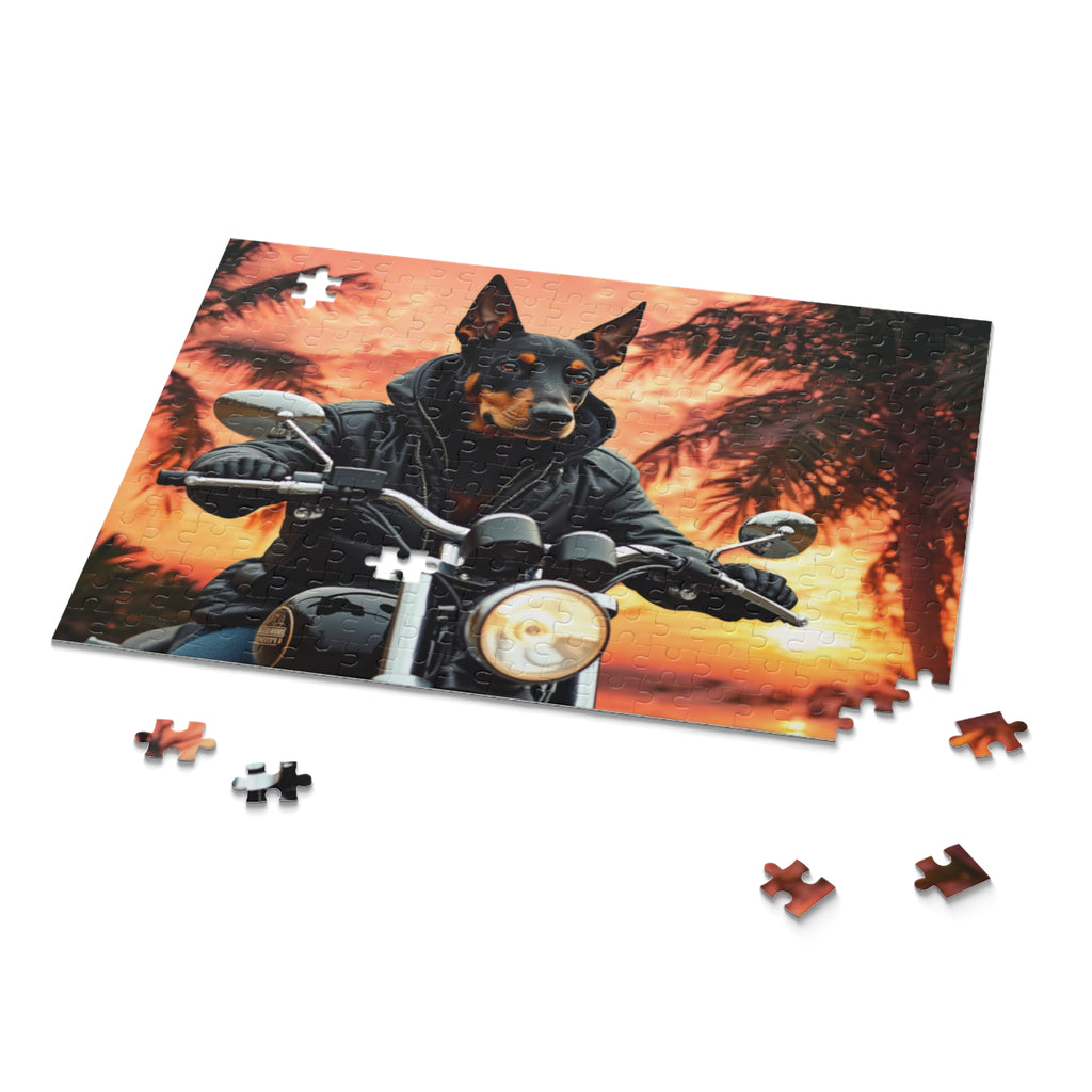 Dobermann Biker Jigsaw Puzzle — Sunset Motorcycle Scene | Dog Lover Gift