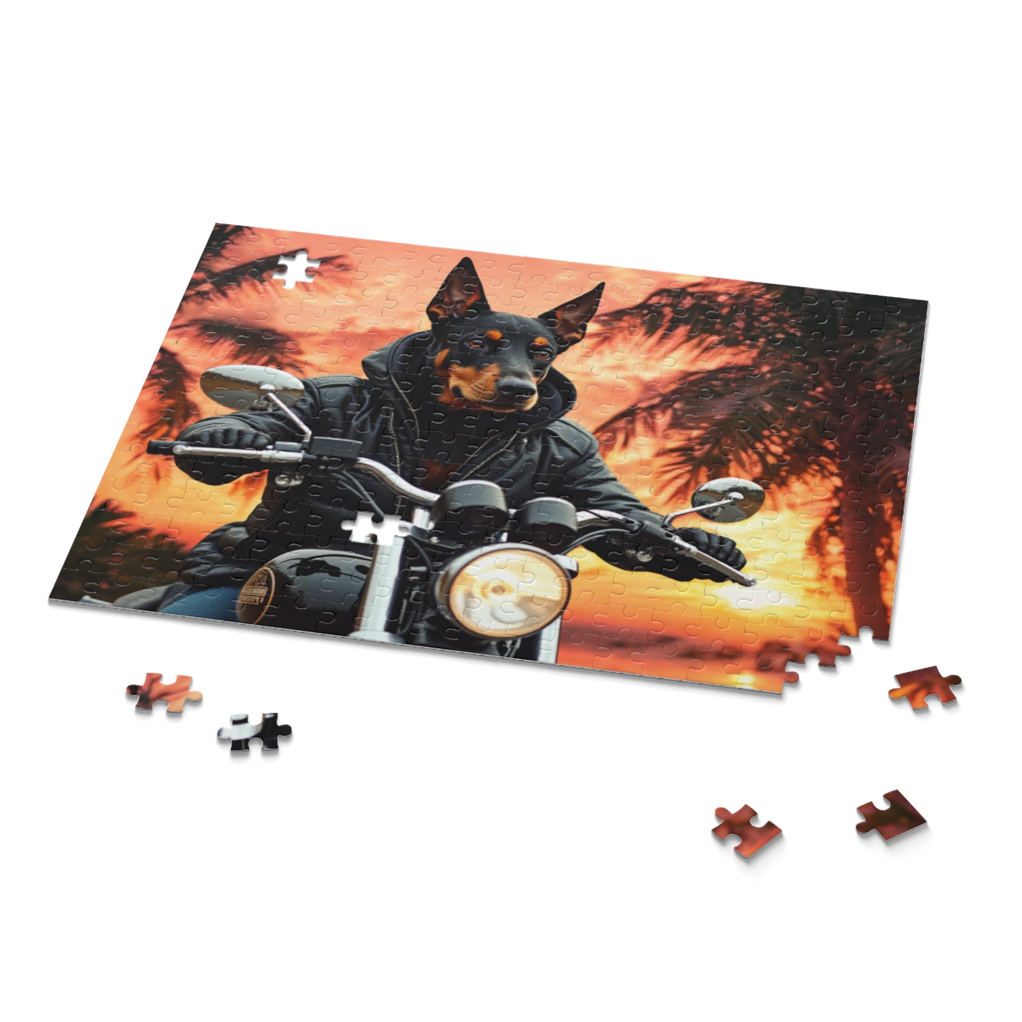 Dobermann Biker Jigsaw Puzzle — Sunset Motorcycle Scene | Dog Lover Gift