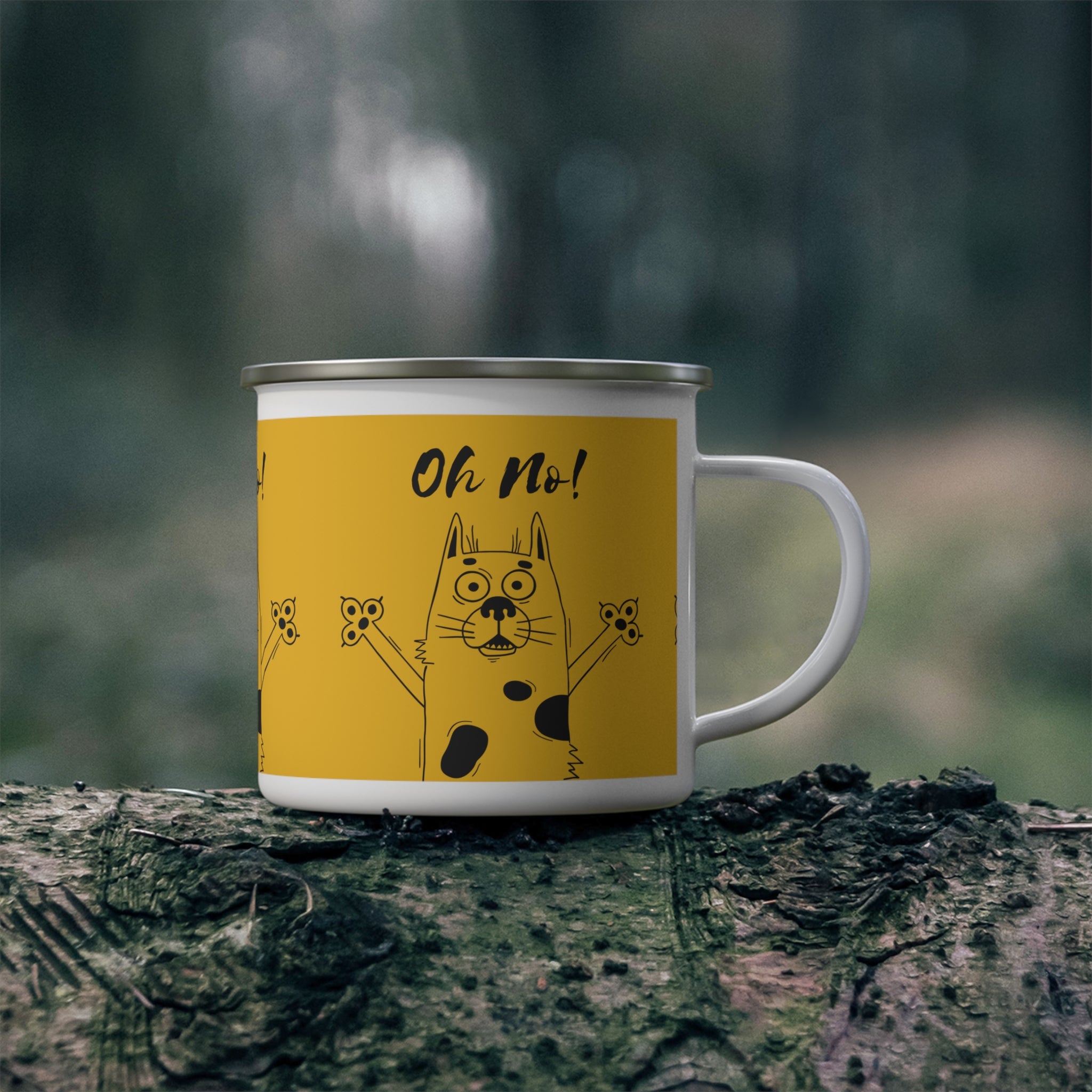 Oh No! Dog Enamel Camping Mug — Funny Yellow Dog Illustration Coffee Cup