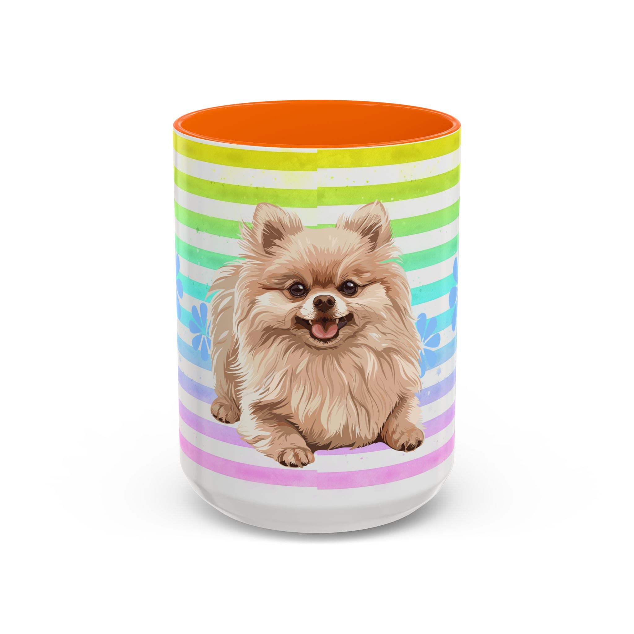 Pomeranian Dog Coffee Mug — Cute Fluffy Pup on Rainbow Stripes (Accent Mug 11/15oz)