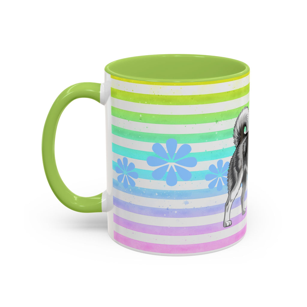 Siberian Husky Coffee Mug — Cute Black & Husky Pup on Rainbow Stripes (Accent Mug 11/15oz)