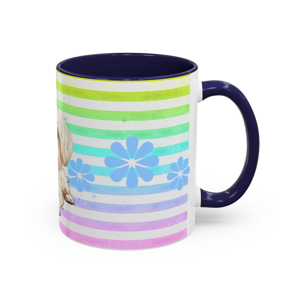 Maltese Dog Coffee Mug — Cute White Pup on Rainbow Stripes