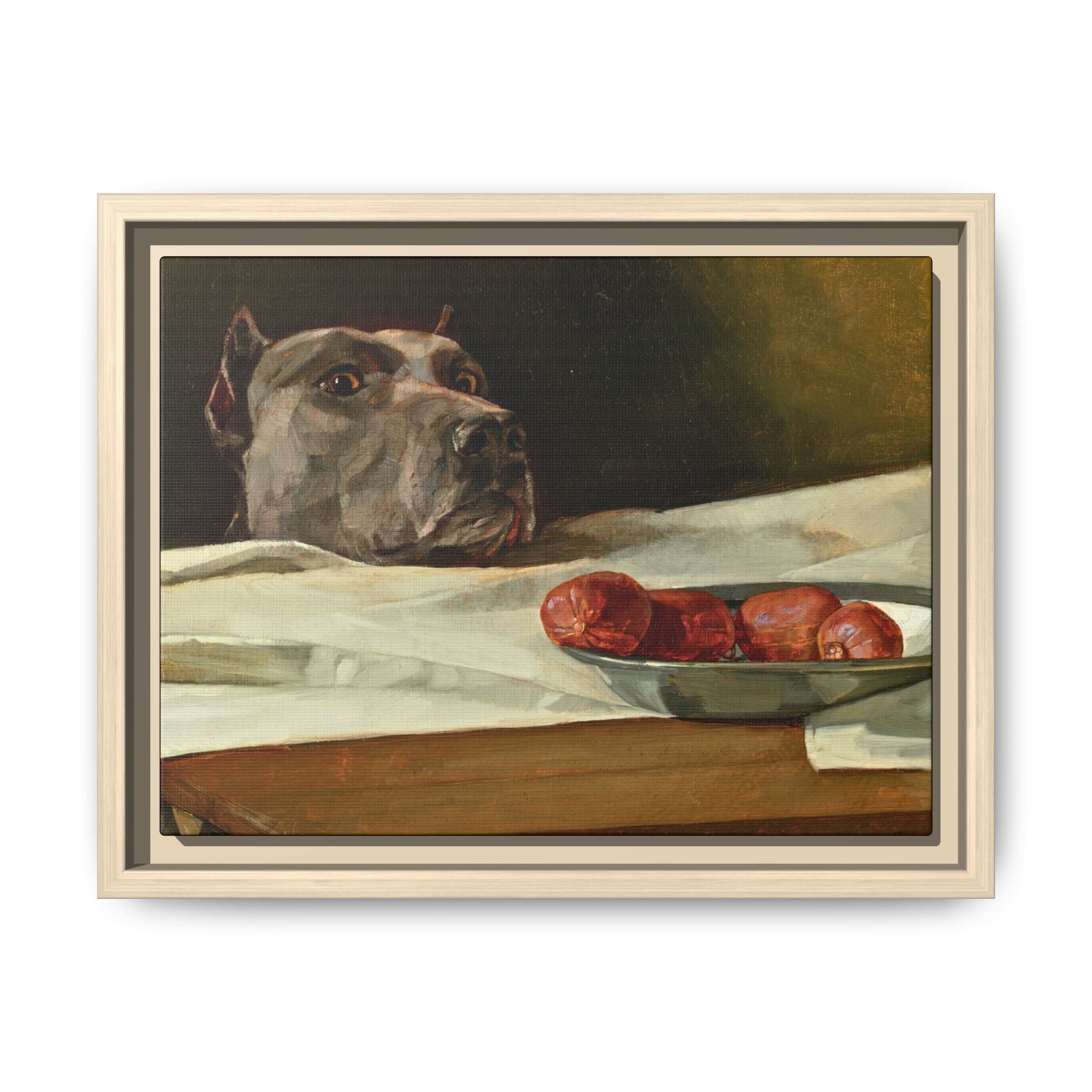 Framed Matte Canvas Print — Great Dane Dog & The Sausage Still Life Wall Art