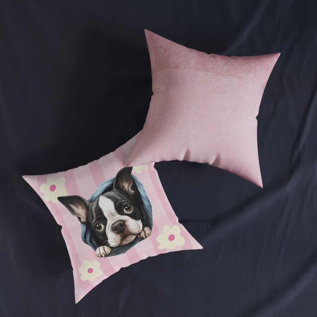 Boston Terrier Throw Pillow — Floral Pink Faux Suede | Dog Lover Home Decor