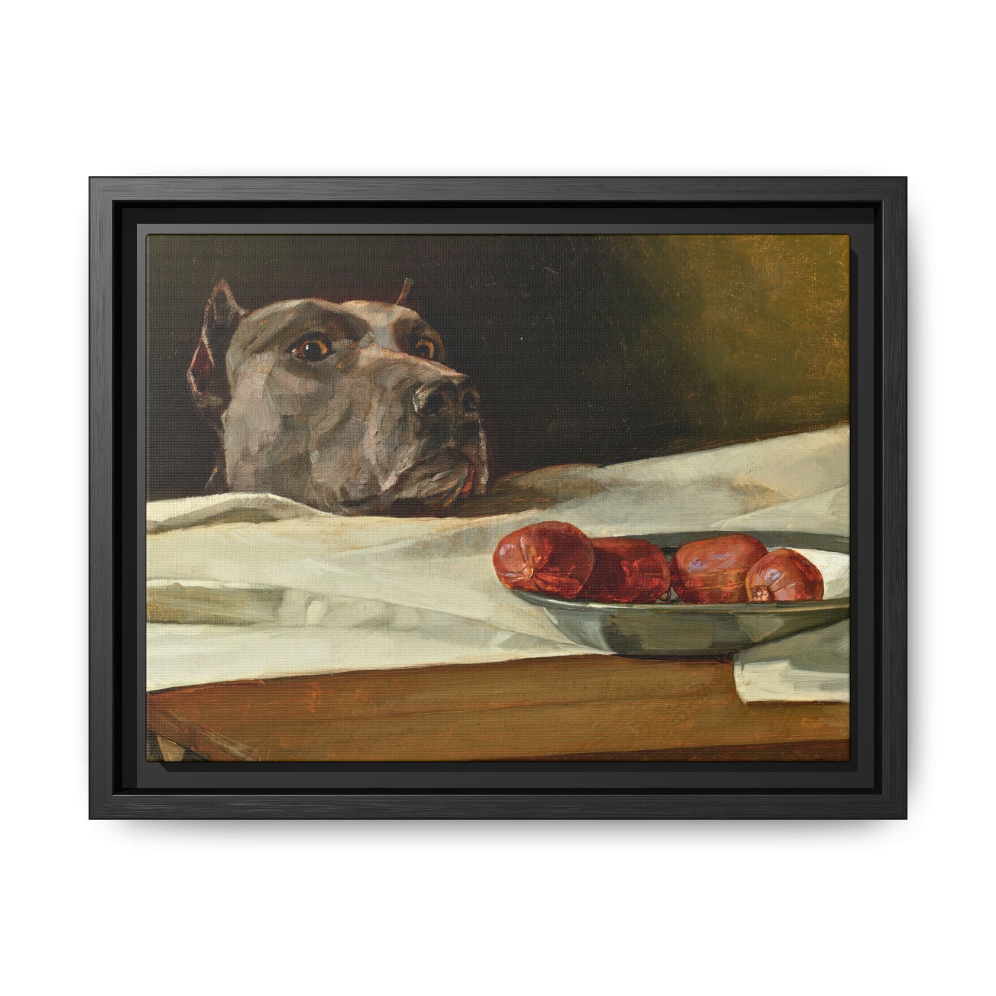 Framed Matte Canvas Print — Great Dane Dog & The Sausage Still Life Wall Art