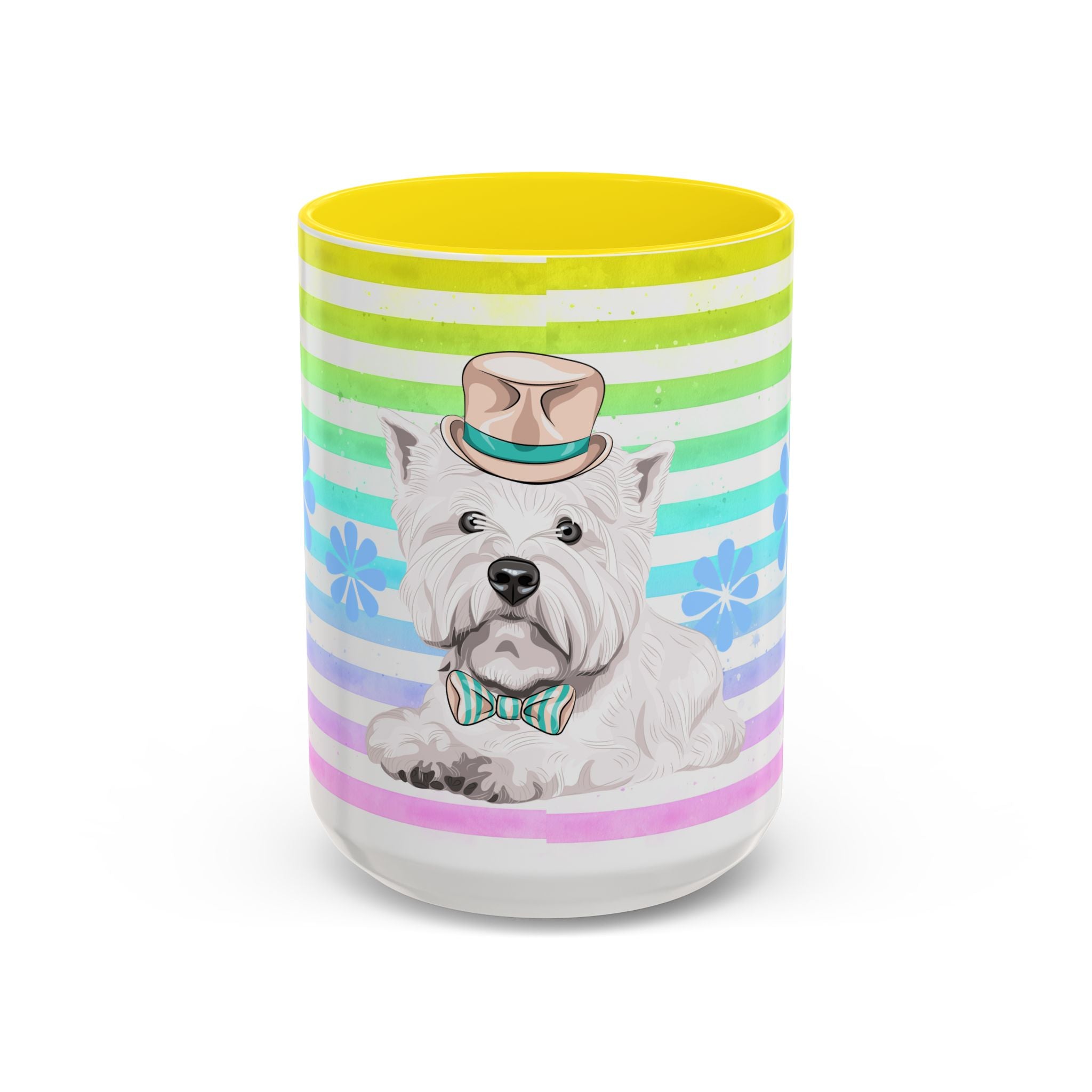 West Highland Terrier Coffee Mug — Cute White Pup on Rainbow Stripes (Accent Mug 11/15oz)