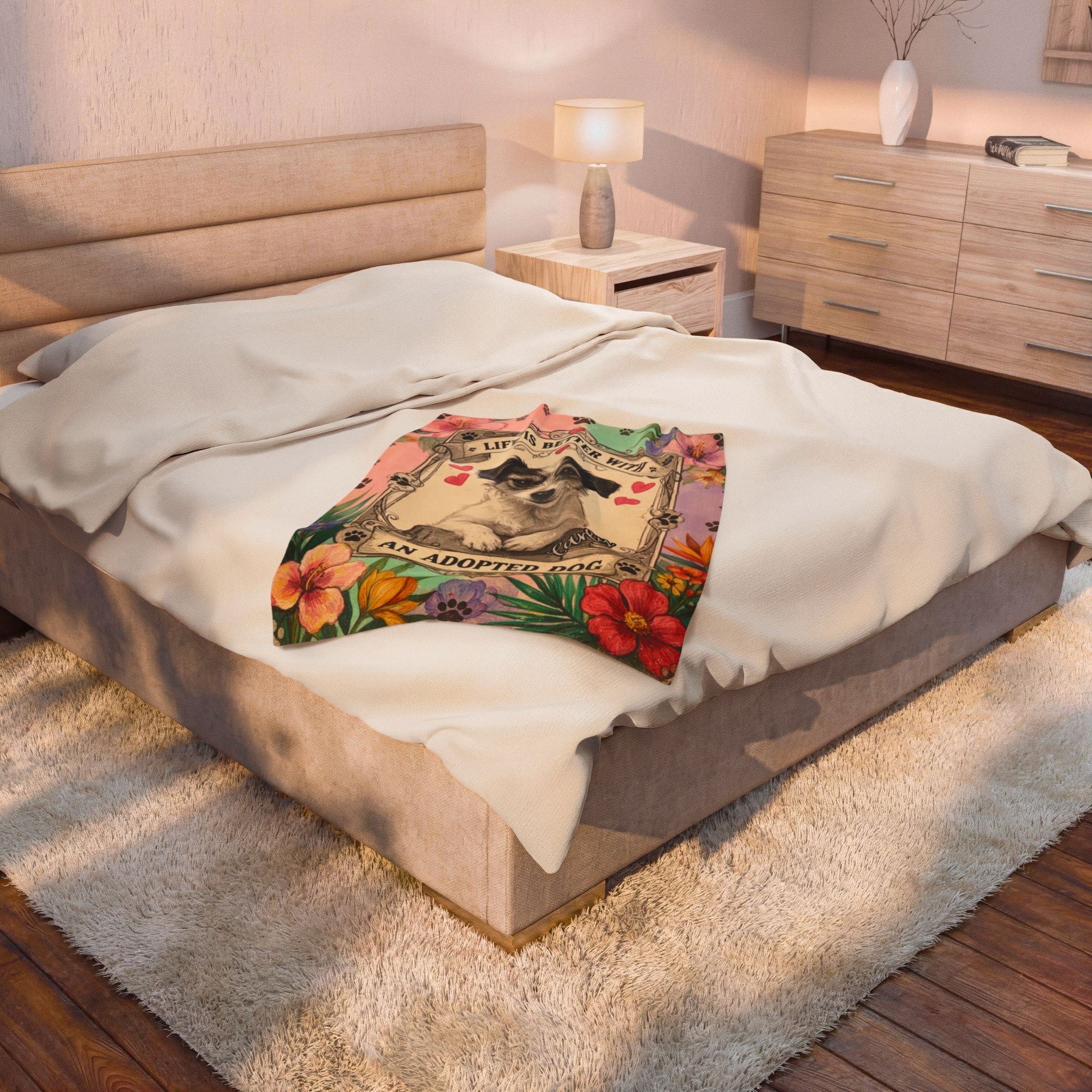 Personalized Dog Portrait Blanket — Pastel Floral & Adopted Dog | Custom Name & Photo
