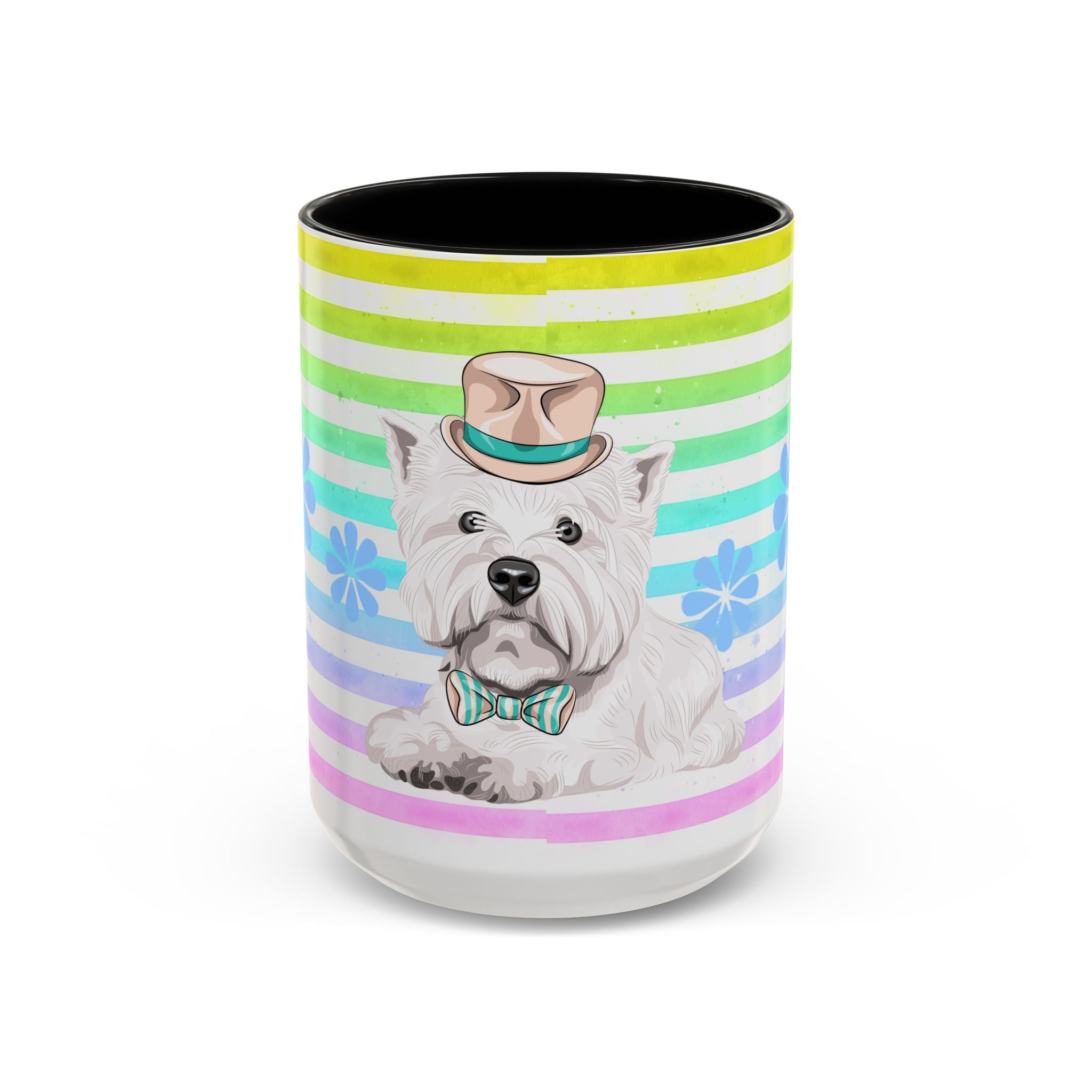 West Highland Terrier Coffee Mug — Cute White Pup on Rainbow Stripes (Accent Mug 11/15oz)