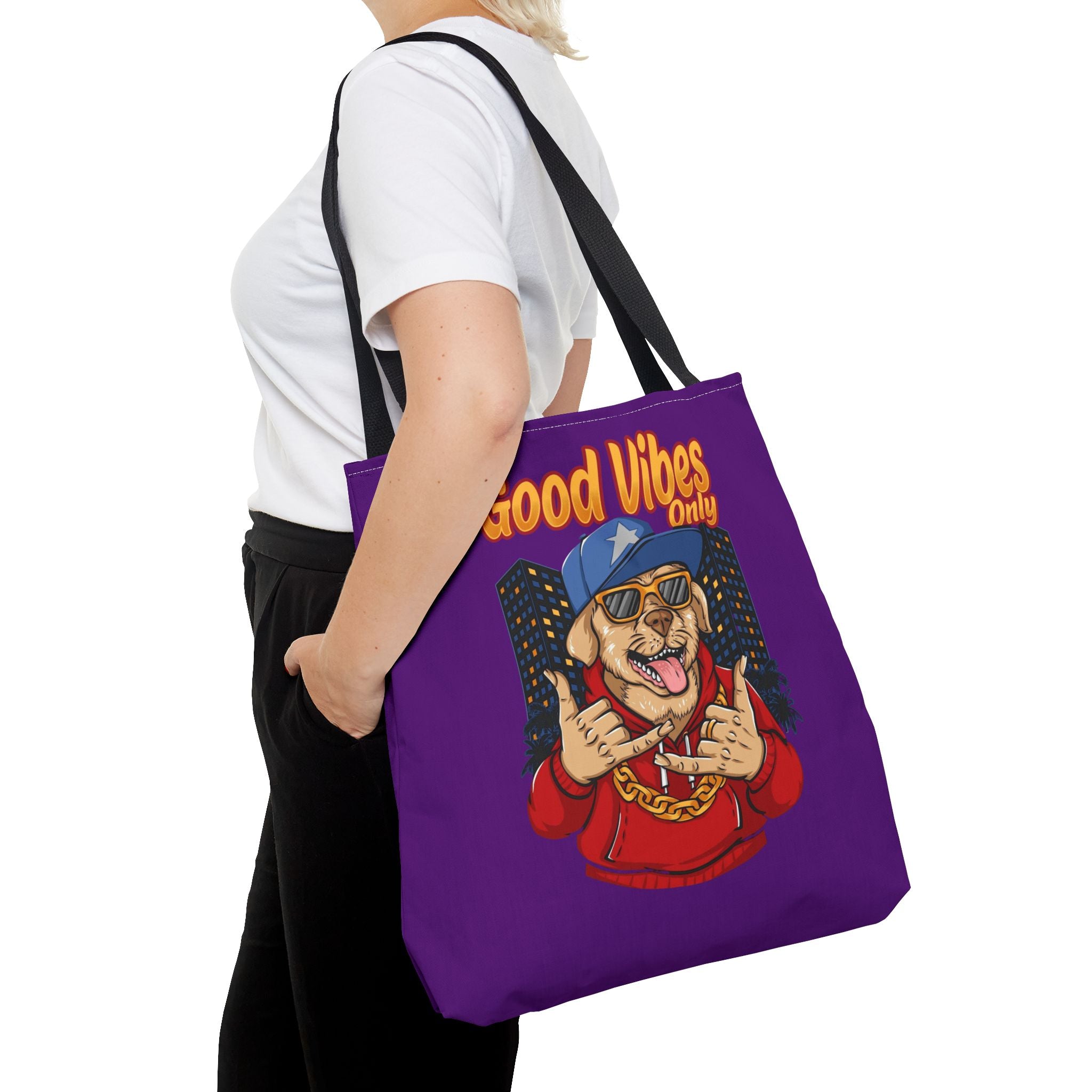 Good Vibes Only Dog Tote Bag — Cute Hipster Pup Graphic Canvas Tote
