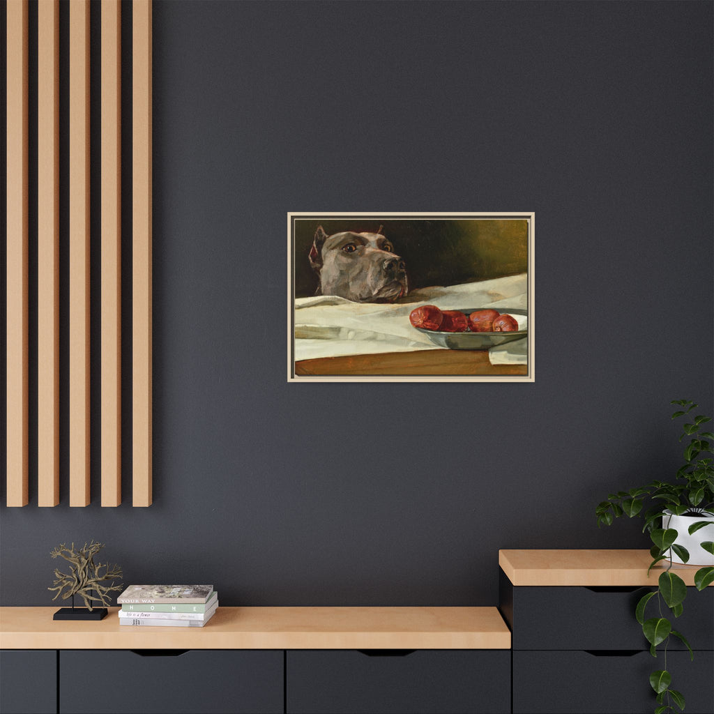 Framed Matte Canvas Print — Great Dane Dog & The Sausage Still Life Wall Art