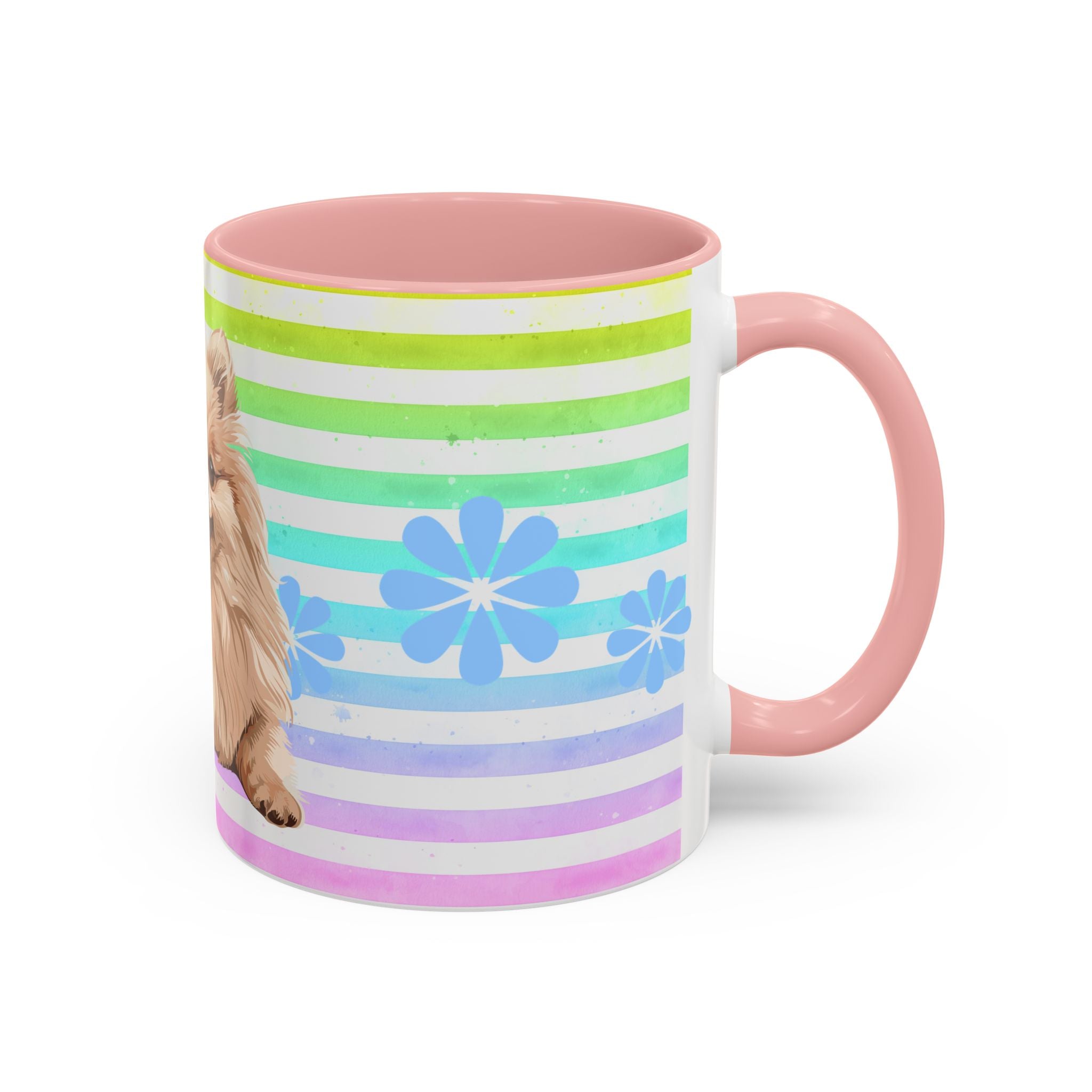 Pomeranian Dog Coffee Mug — Cute Fluffy Pup on Rainbow Stripes (Accent Mug 11/15oz)