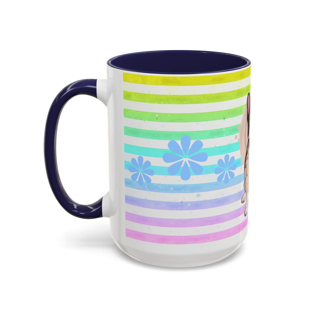 French Bulldog Coffee Mug — Cute Black & White Pup on Rainbow Stripes (Accent Mug 11/15oz)