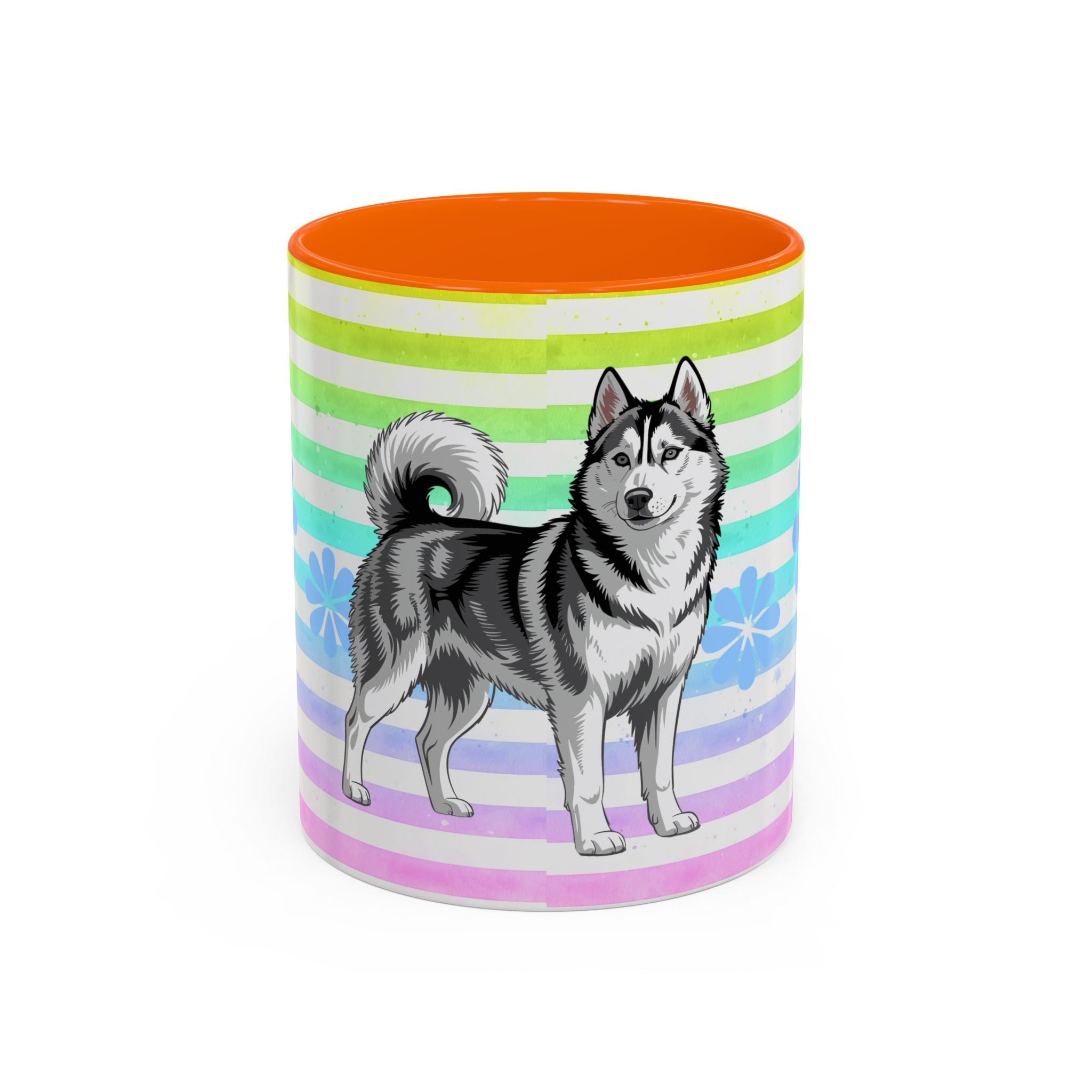 Siberian Husky Coffee Mug — Cute Black & Husky Pup on Rainbow Stripes (Accent Mug 11/15oz)
