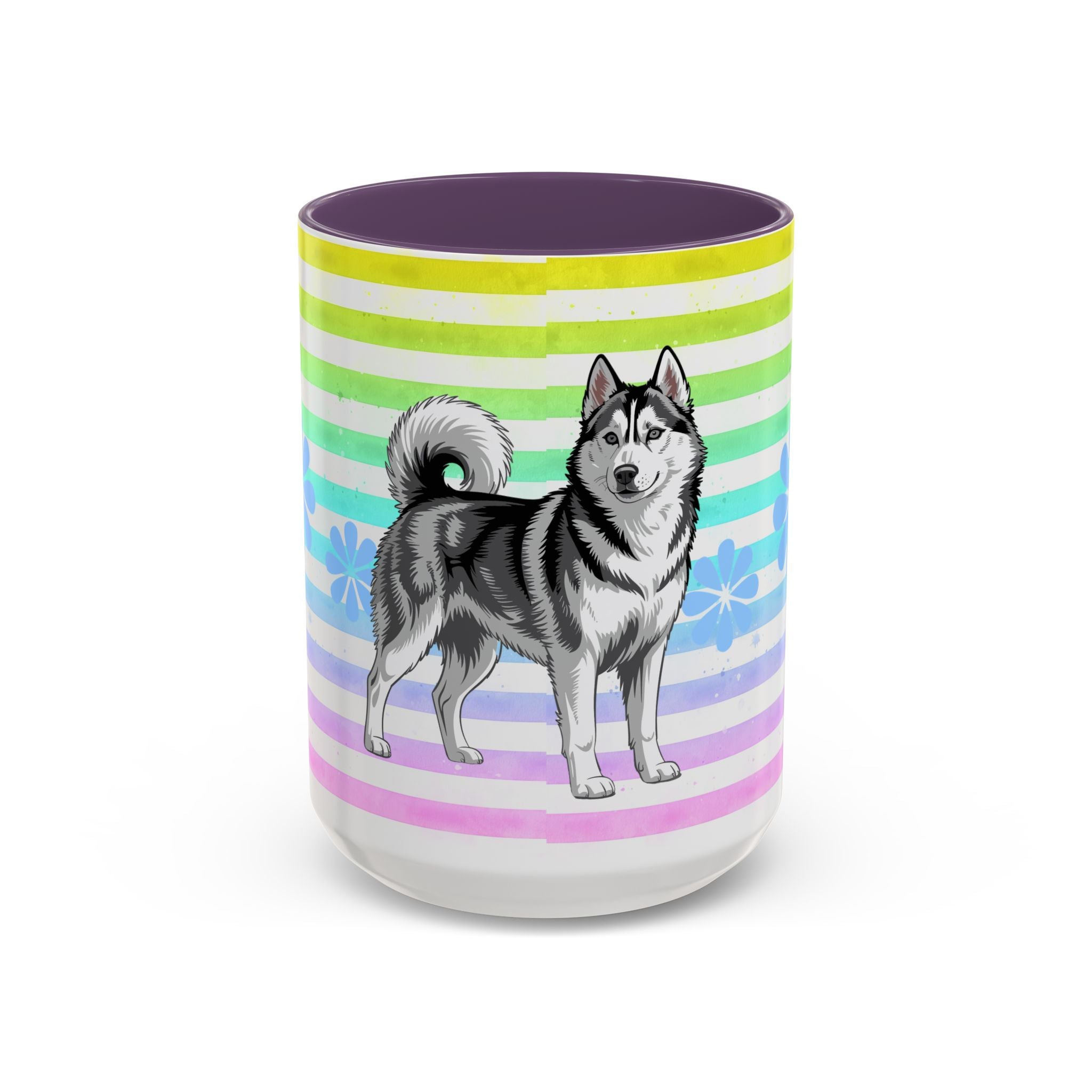 Siberian Husky Coffee Mug — Cute Black & Husky Pup on Rainbow Stripes (Accent Mug 11/15oz)