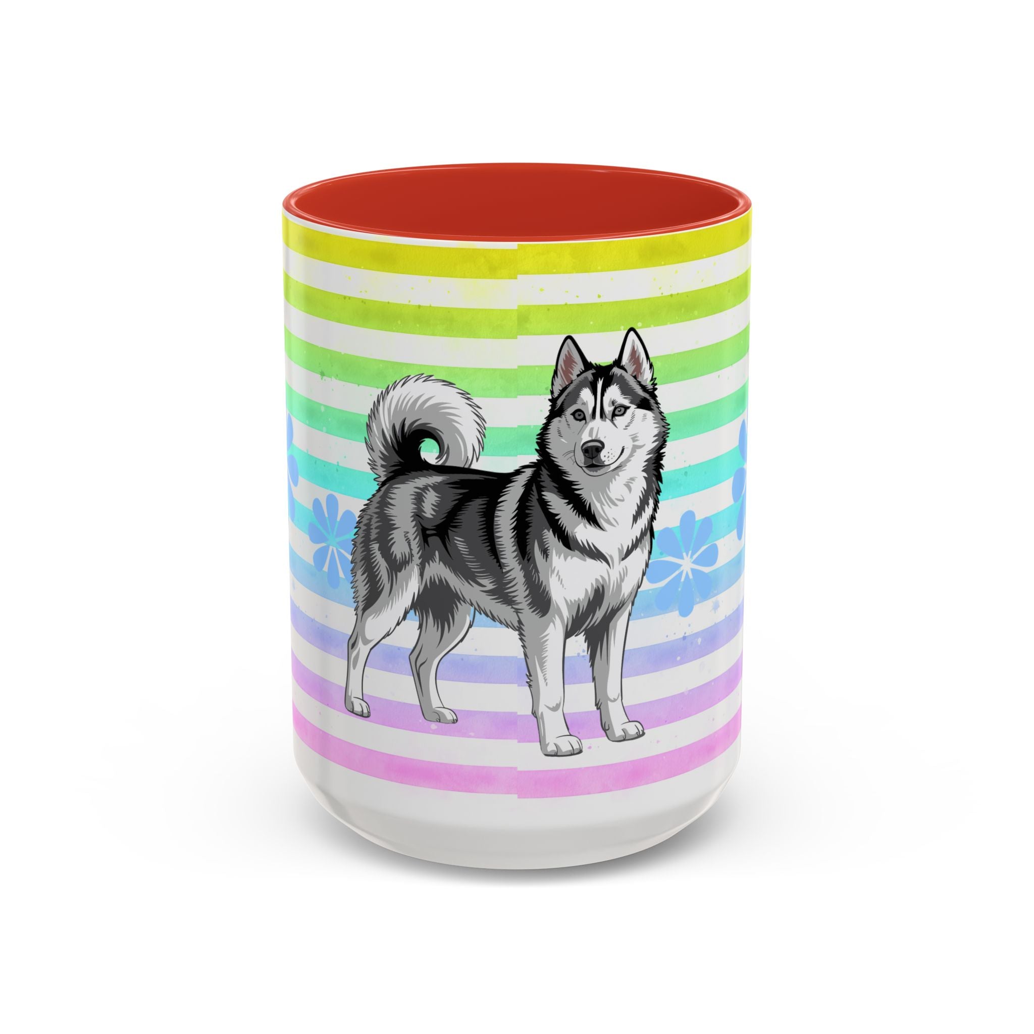 Siberian Husky Coffee Mug — Cute Black & Husky Pup on Rainbow Stripes (Accent Mug 11/15oz)