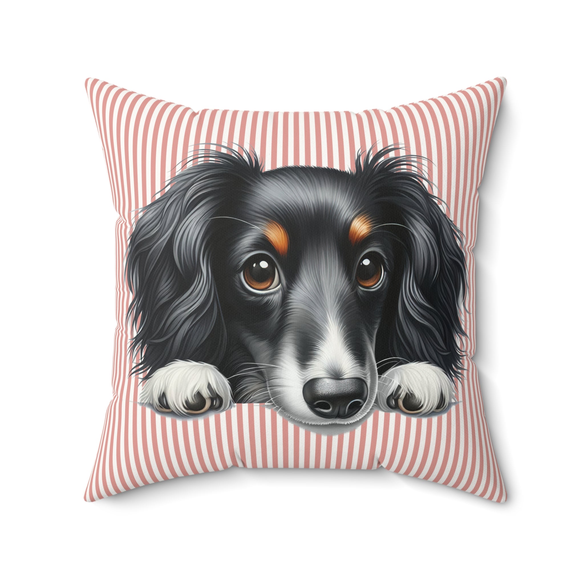 Dachshund Throw Pillow — Peeking Dog Portrait on Stripes | Faux Suede Dog Lover Gift