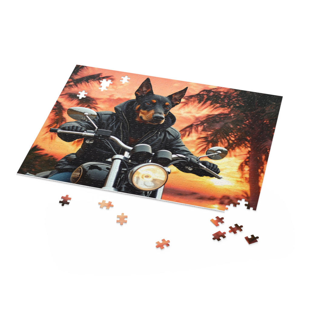 Dobermann Biker Jigsaw Puzzle — Sunset Motorcycle Scene | Dog Lover Gift
