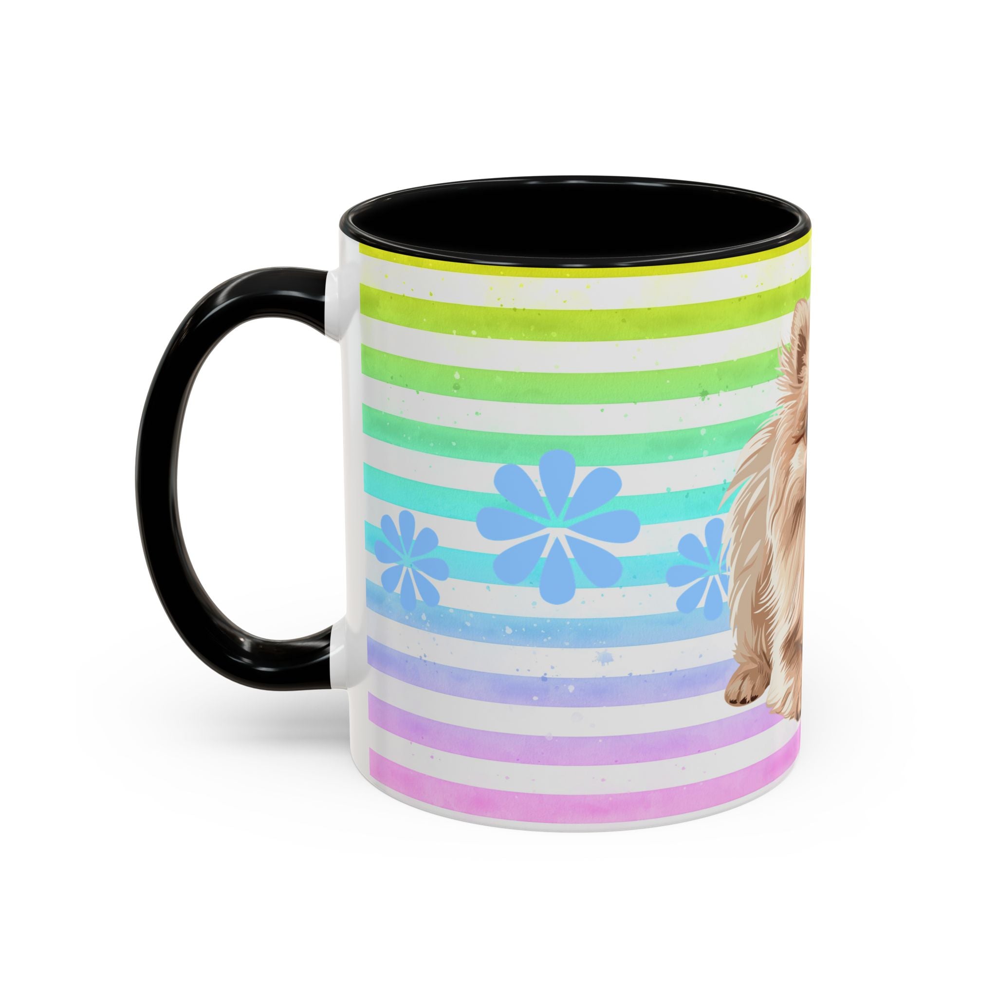 Pomeranian Dog Coffee Mug — Cute Fluffy Pup on Rainbow Stripes (Accent Mug 11/15oz)