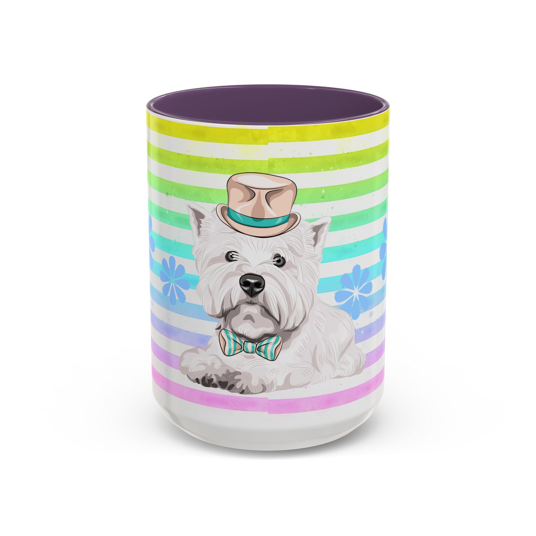 West Highland Terrier Coffee Mug — Cute White Pup on Rainbow Stripes (Accent Mug 11/15oz)