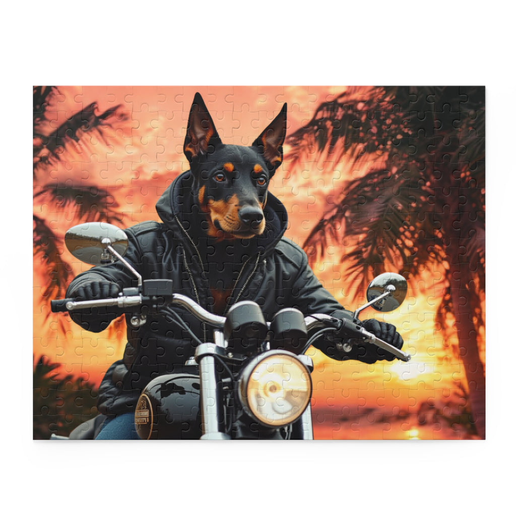 Dobermann Biker Jigsaw Puzzle — Sunset Motorcycle Scene | Dog Lover Gift