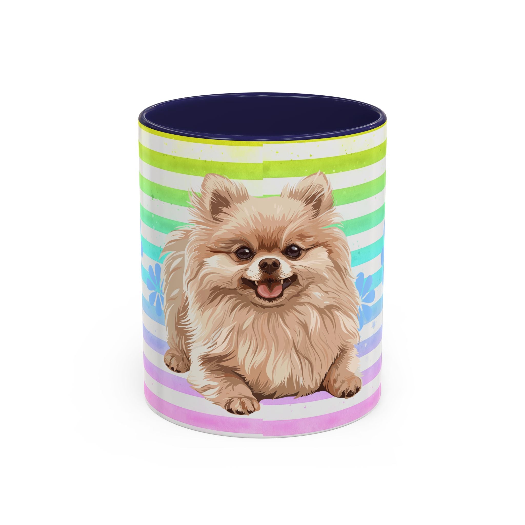 Pomeranian Dog Coffee Mug — Cute Fluffy Pup on Rainbow Stripes (Accent Mug 11/15oz)