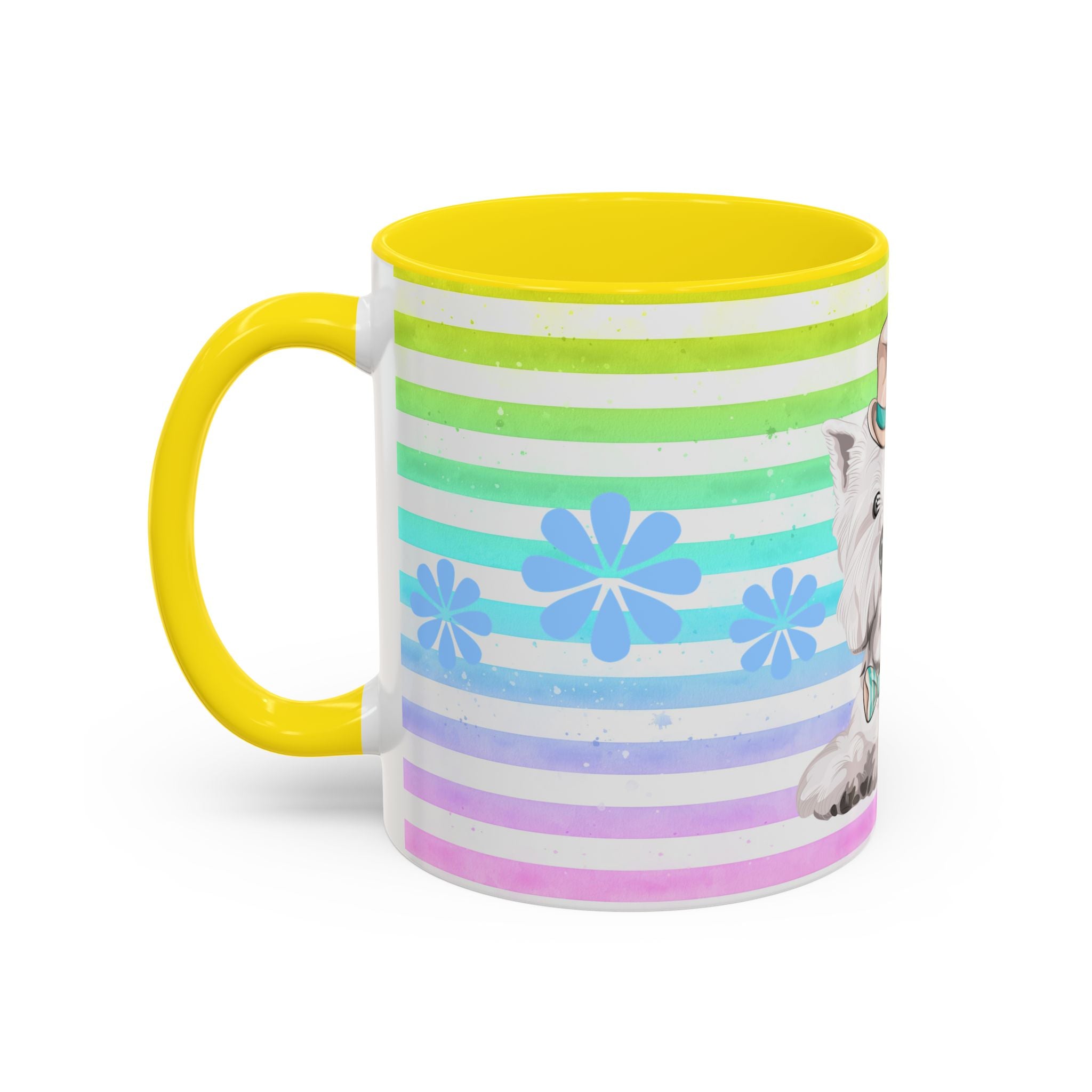 West Highland Terrier Coffee Mug — Cute White Pup on Rainbow Stripes (Accent Mug 11/15oz)