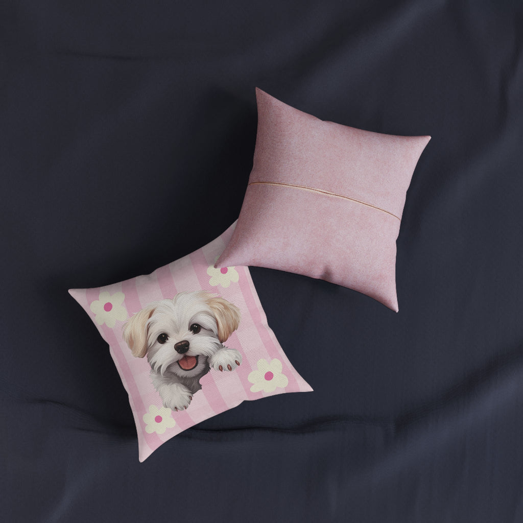 Maltese Dog Throw Pillow — Floral Pink Faux Suede | Dog Lover Home Decor