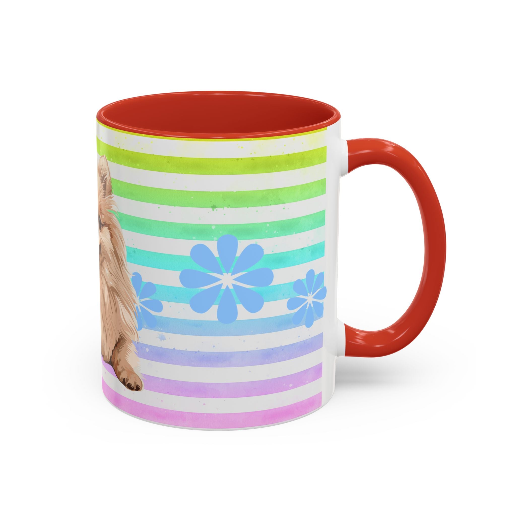 Pomeranian Dog Coffee Mug — Cute Fluffy Pup on Rainbow Stripes (Accent Mug 11/15oz)