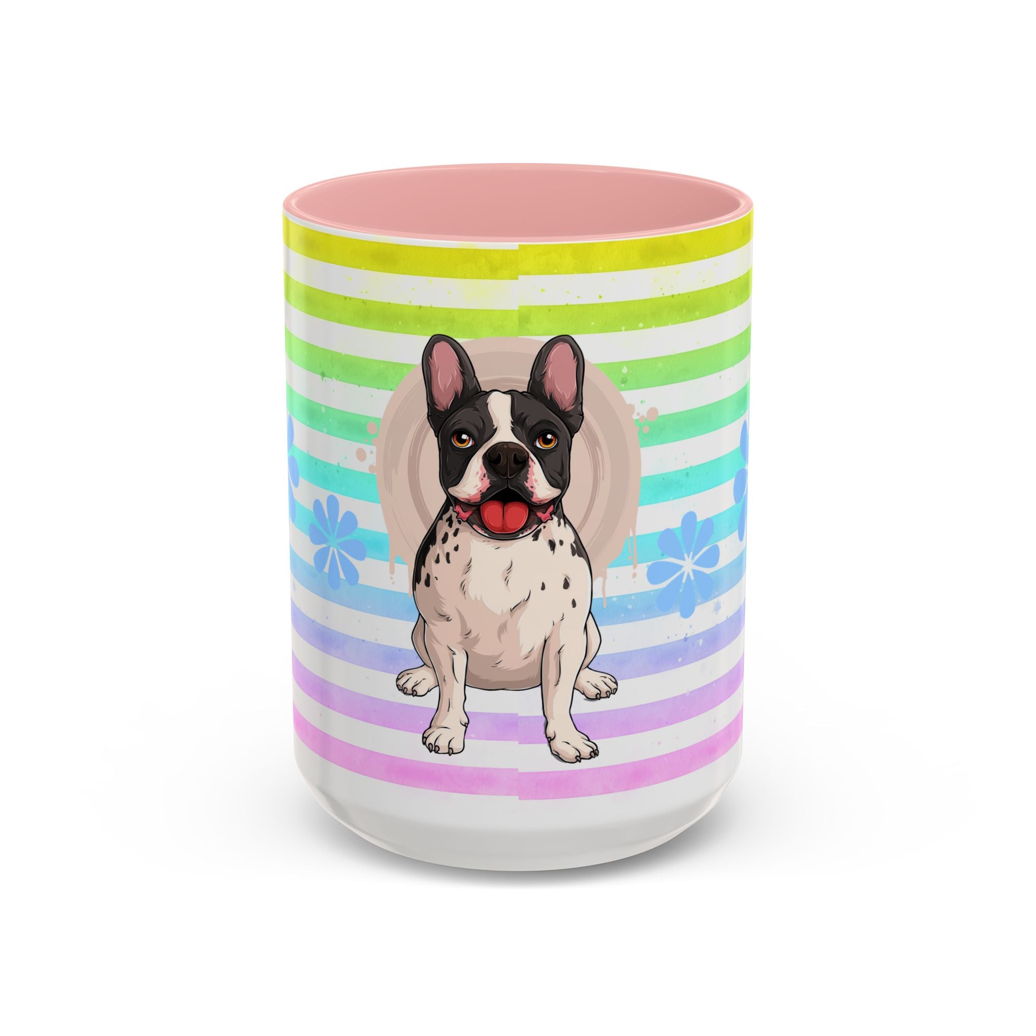 French Bulldog Coffee Mug — Cute Black & White Pup on Rainbow Stripes (Accent Mug 11/15oz)
