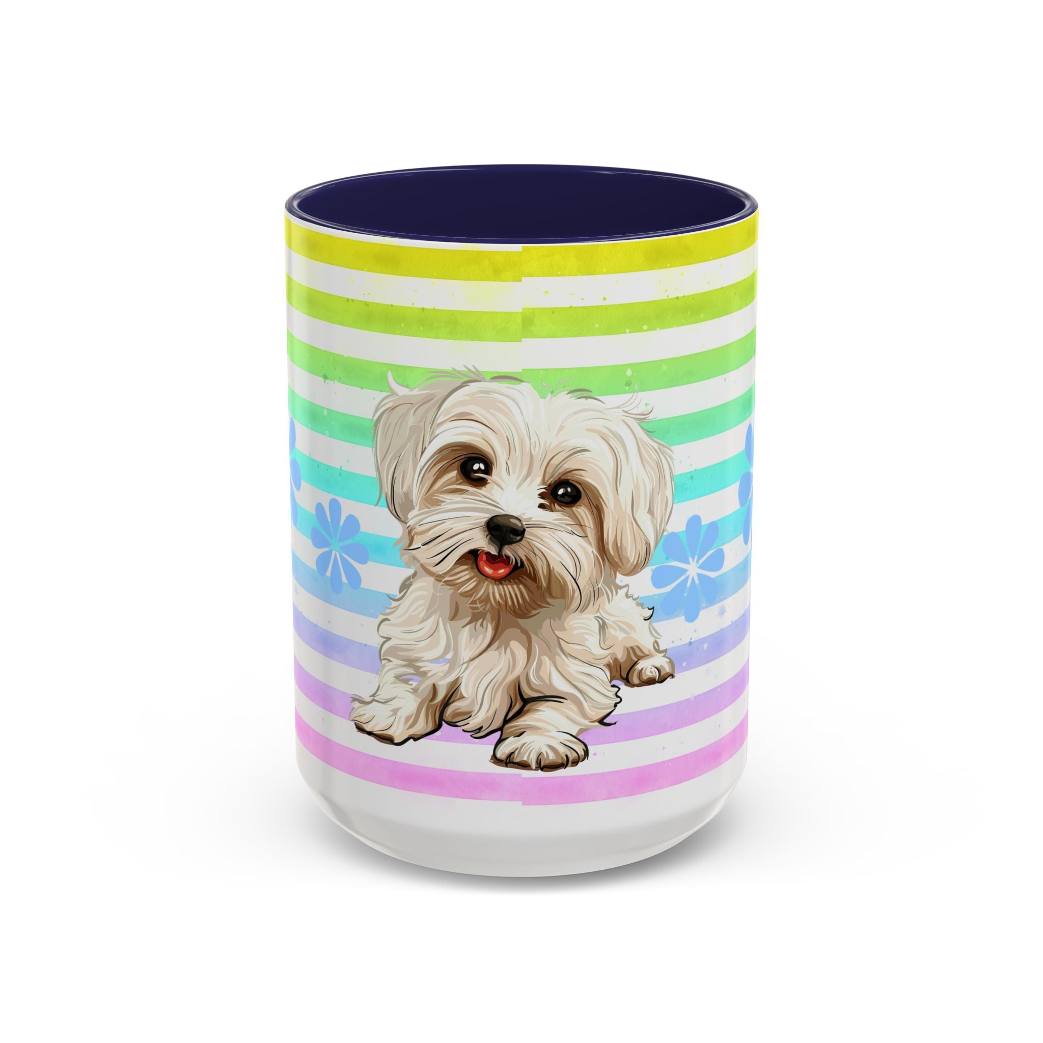 Maltese Dog Coffee Mug — Cute White Pup on Rainbow Stripes