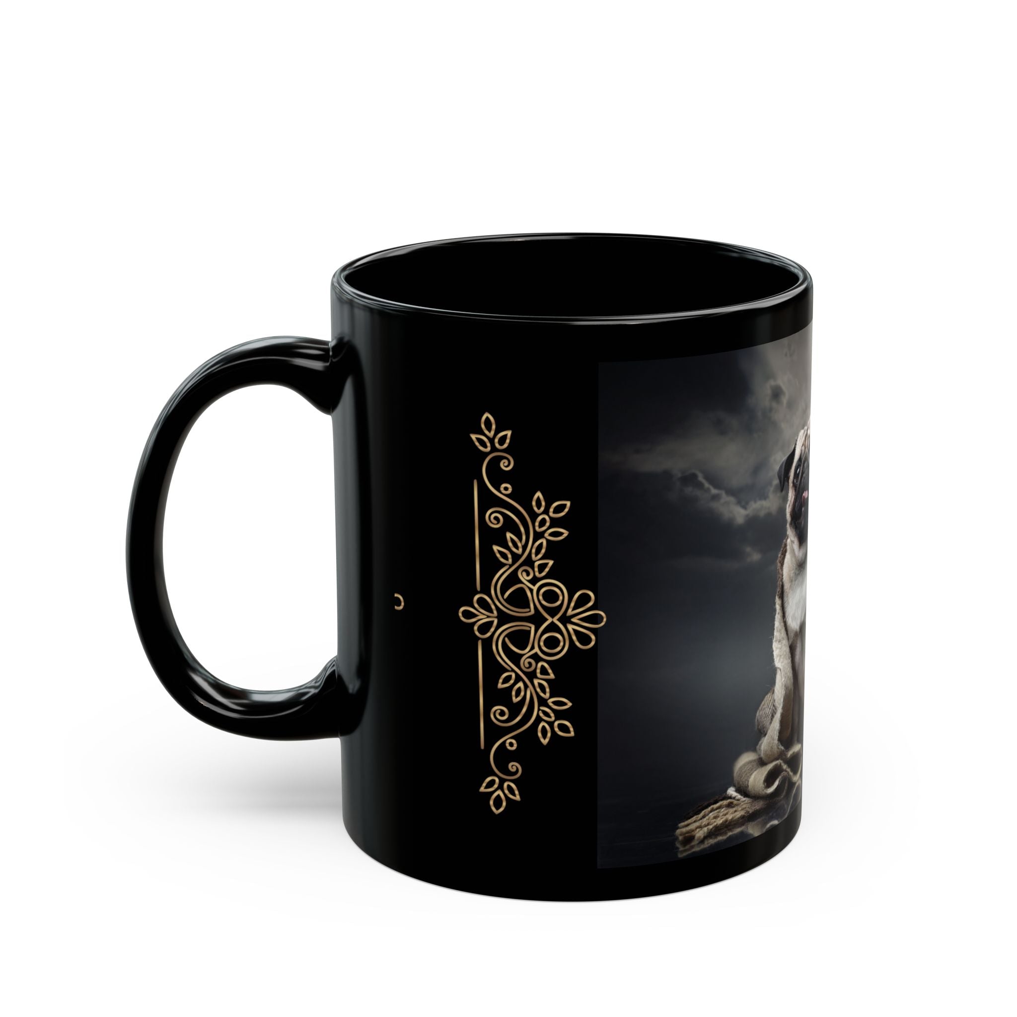 Pug Portrait Black Mug (11oz/15oz) — Regal Pug with Ornamental Accent
