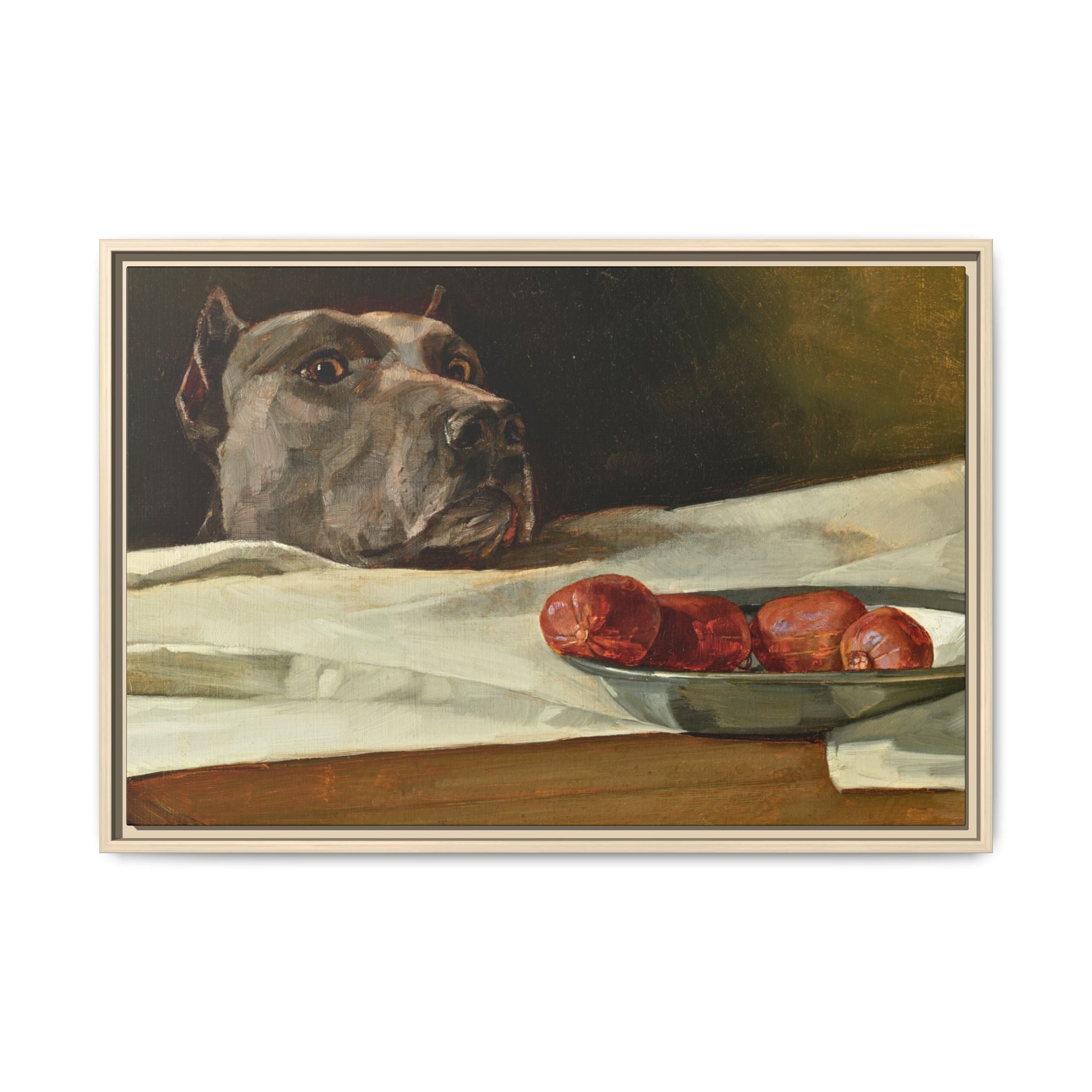 Framed Matte Canvas Print — Great Dane Dog & The Sausage Still Life Wall Art