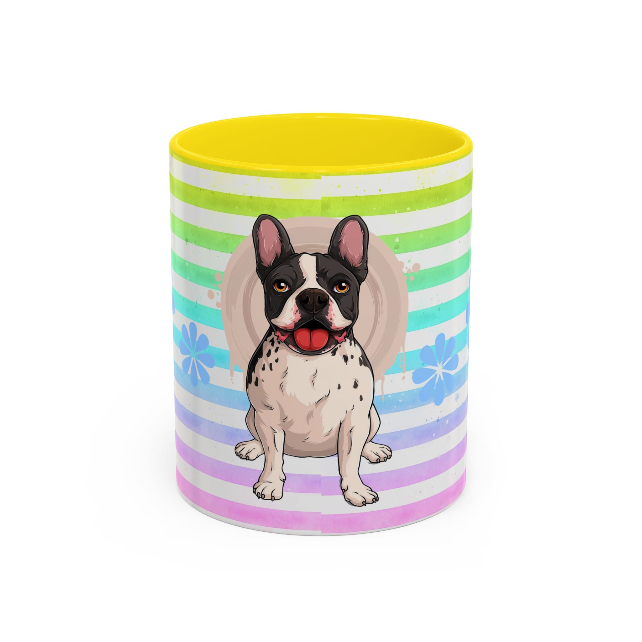 French Bulldog Coffee Mug — Cute Black & White Pup on Rainbow Stripes (Accent Mug 11/15oz)