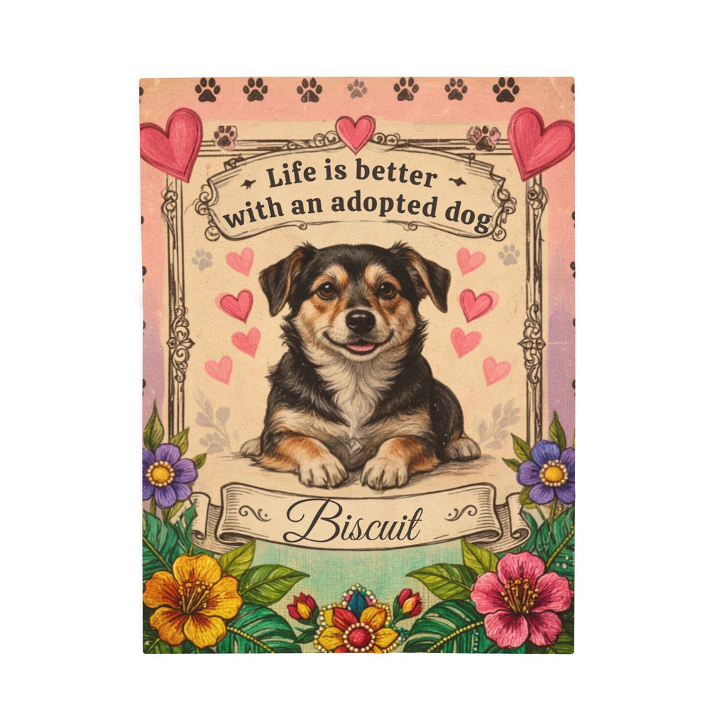 Personalized Dog Portrait Blanket — Hearts & Flowers Adopted Dog | Custom Name & Photo