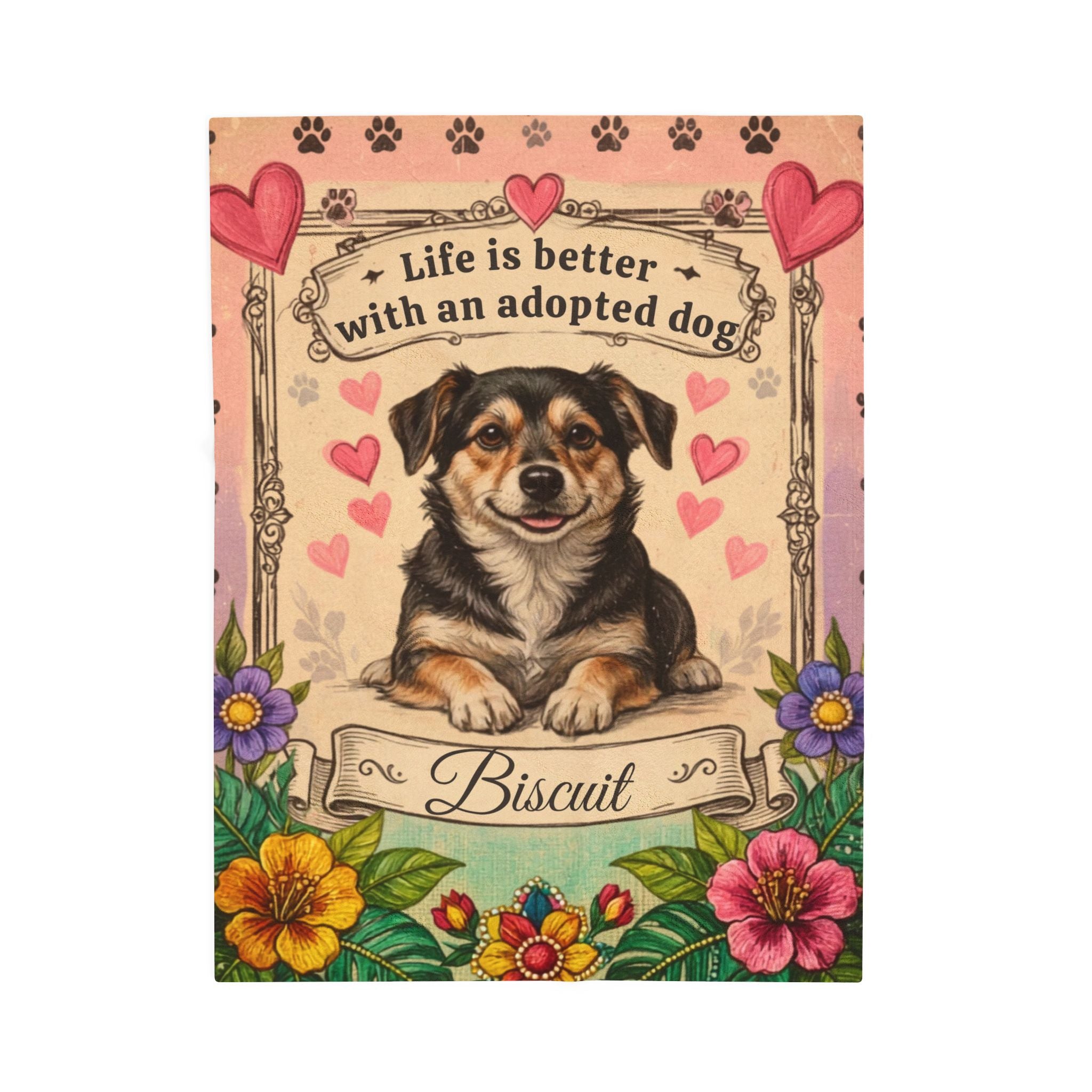 Personalized Dog Portrait Blanket — Hearts & Flowers Adopted Dog | Custom Name & Photo