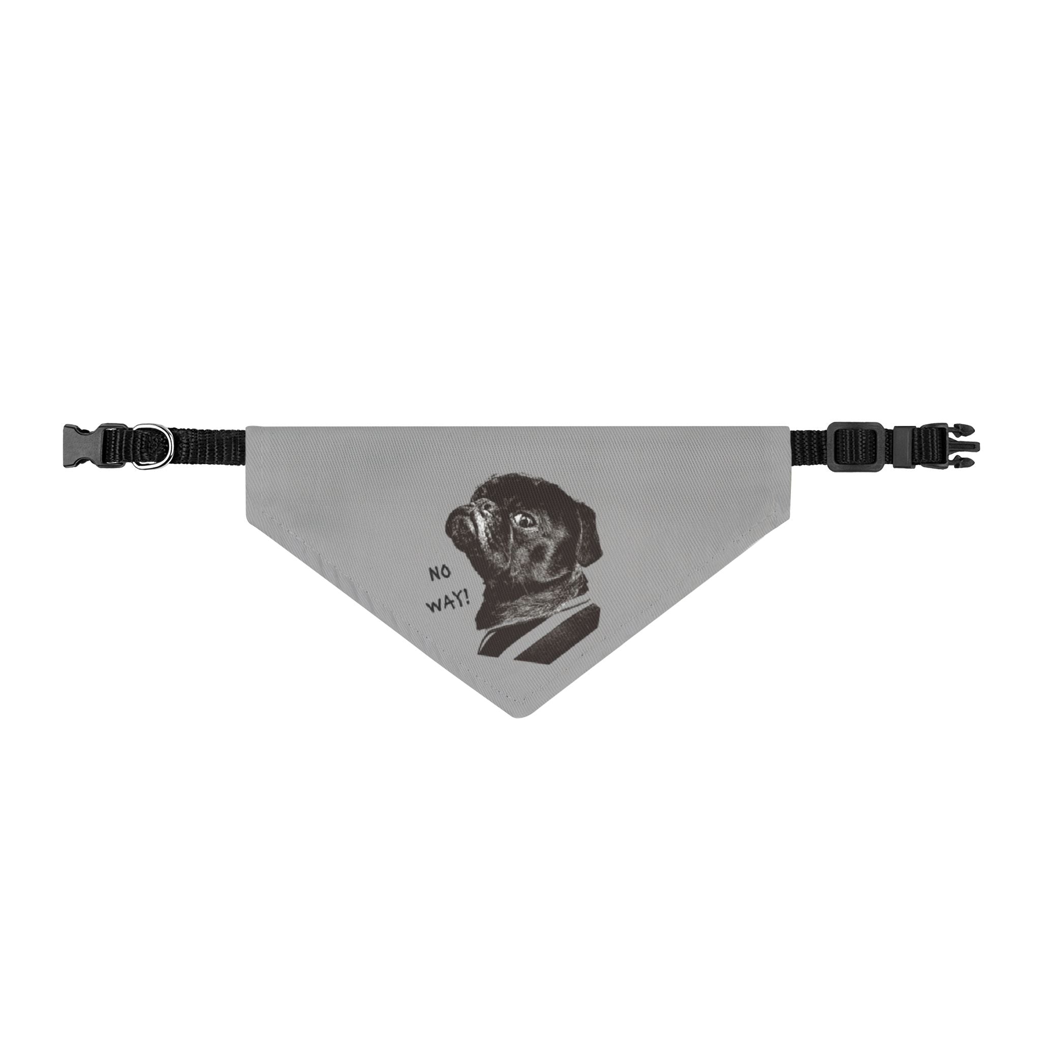 Clip-On Pet Bandana — Cute Black Pug Portrait "NO WAY!" Dog Collar Accessory