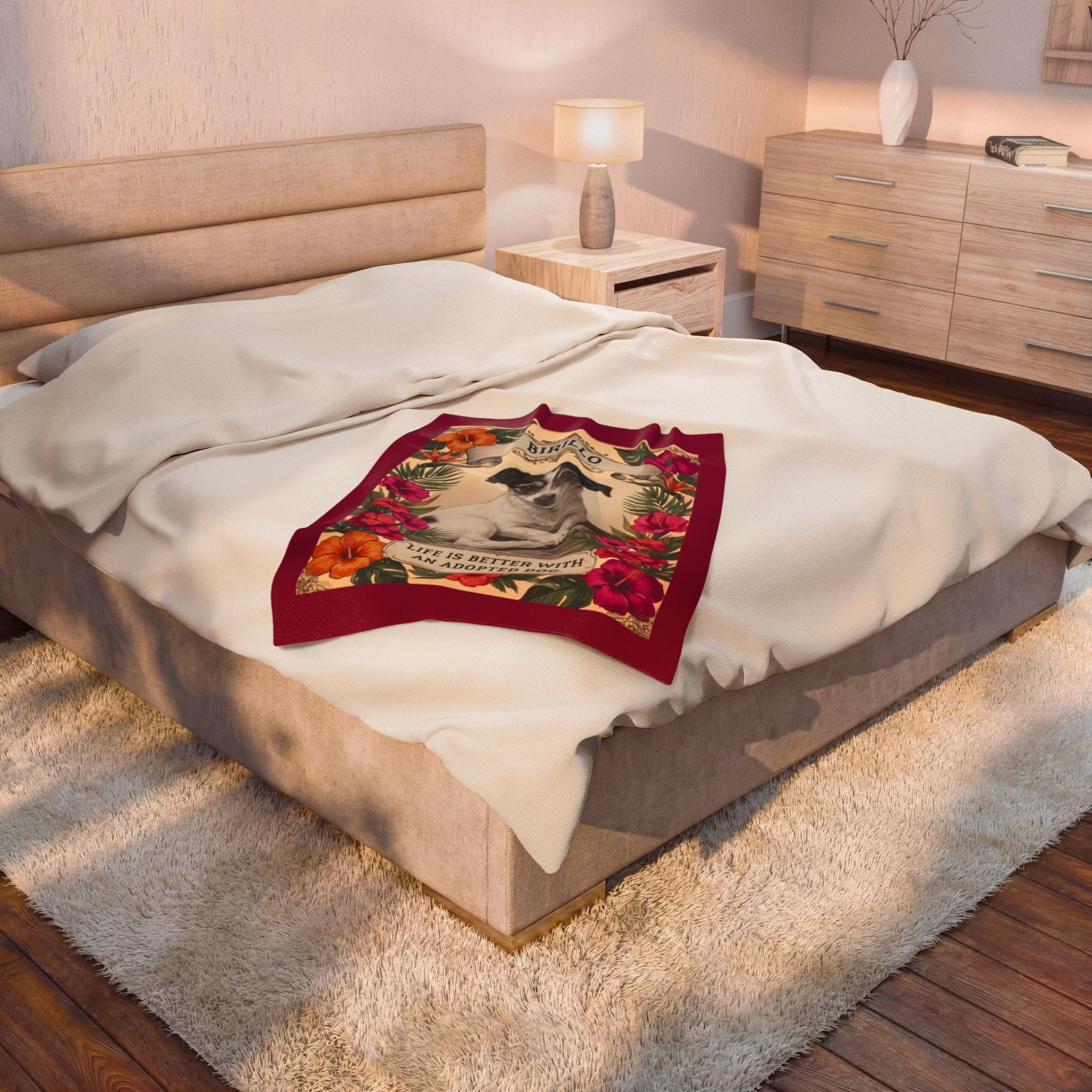 Personalized Dog Portrait Blanket — Hibiscus Floral & Adopted Dog | Custom Name & Photo