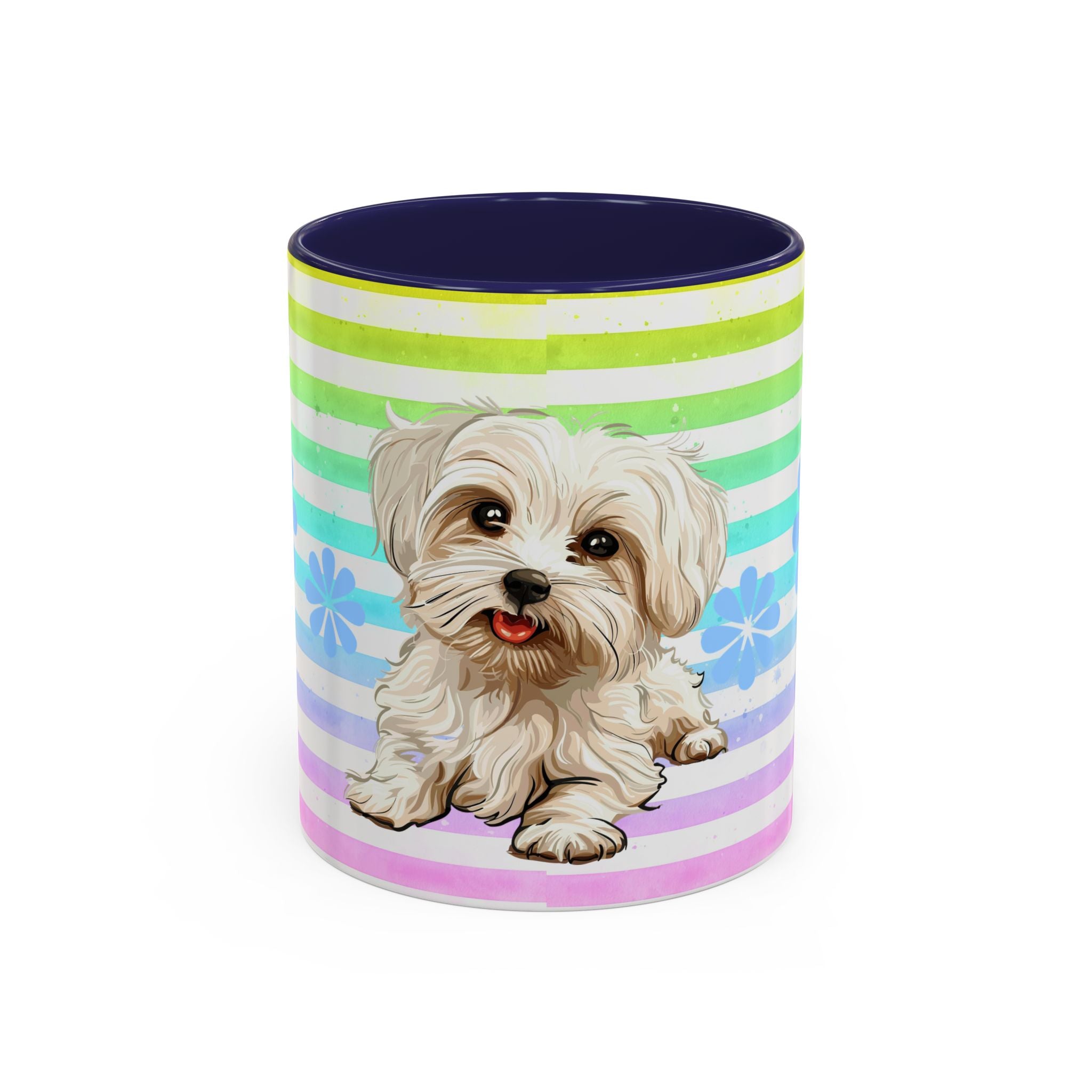 Maltese Dog Coffee Mug — Cute White Pup on Rainbow Stripes