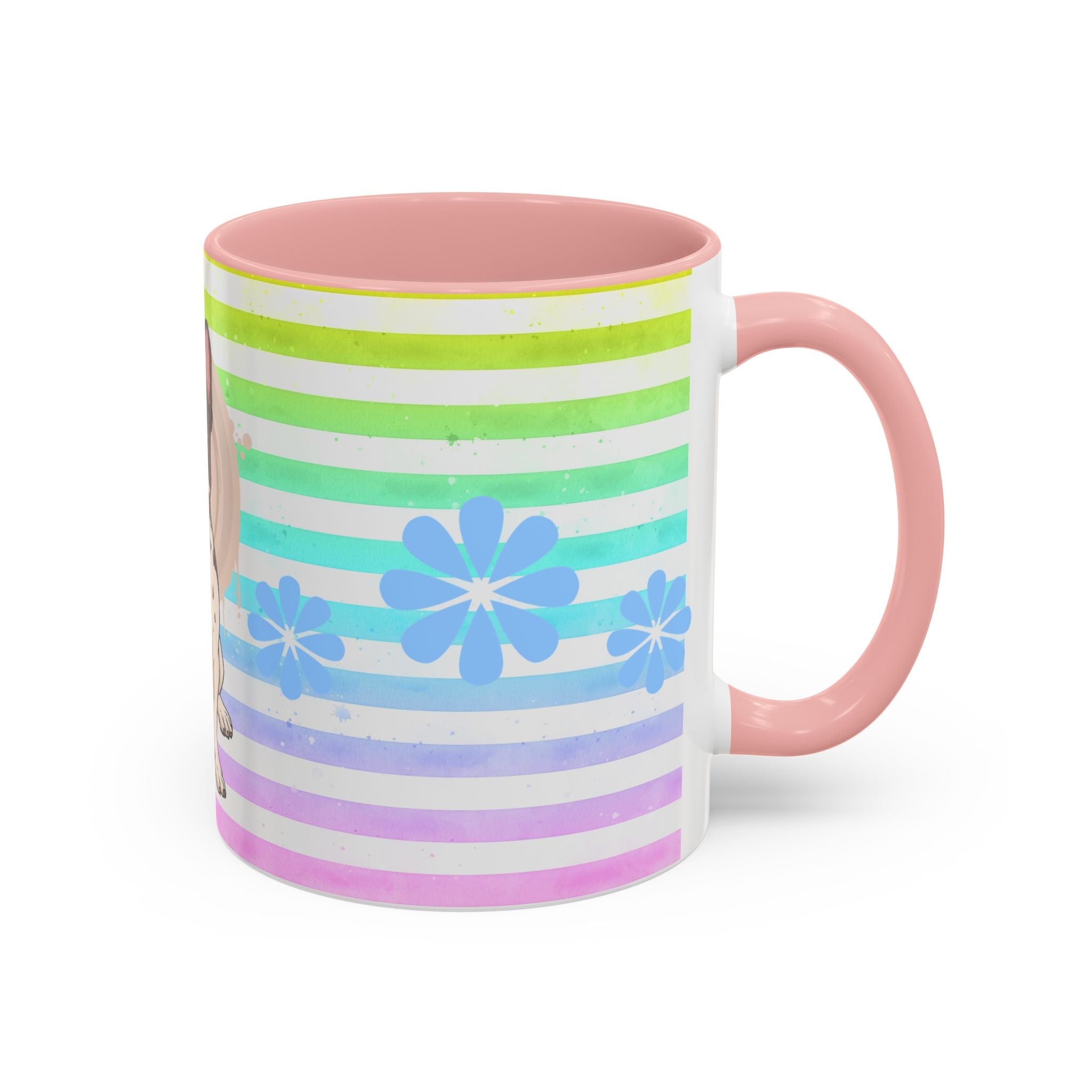 French Bulldog Coffee Mug — Cute Black & White Pup on Rainbow Stripes (Accent Mug 11/15oz)
