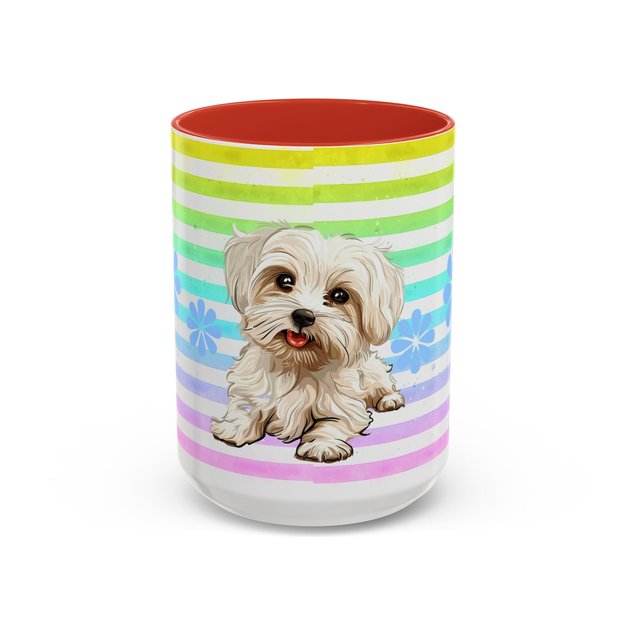 Maltese Dog Coffee Mug — Cute White Pup on Rainbow Stripes