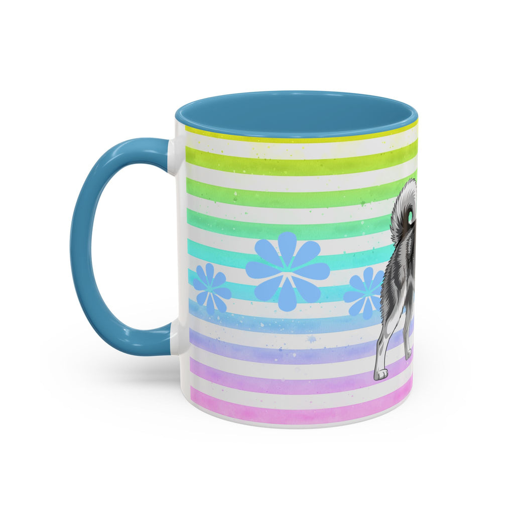 Siberian Husky Coffee Mug — Cute Black & Husky Pup on Rainbow Stripes (Accent Mug 11/15oz)