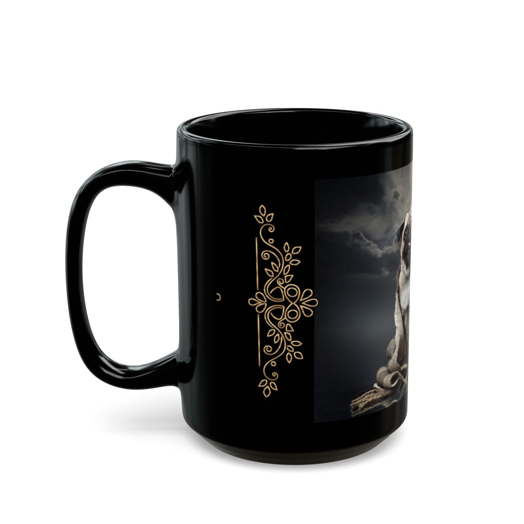 Pug Portrait Black Mug (11oz/15oz) — Regal Pug with Ornamental Accent