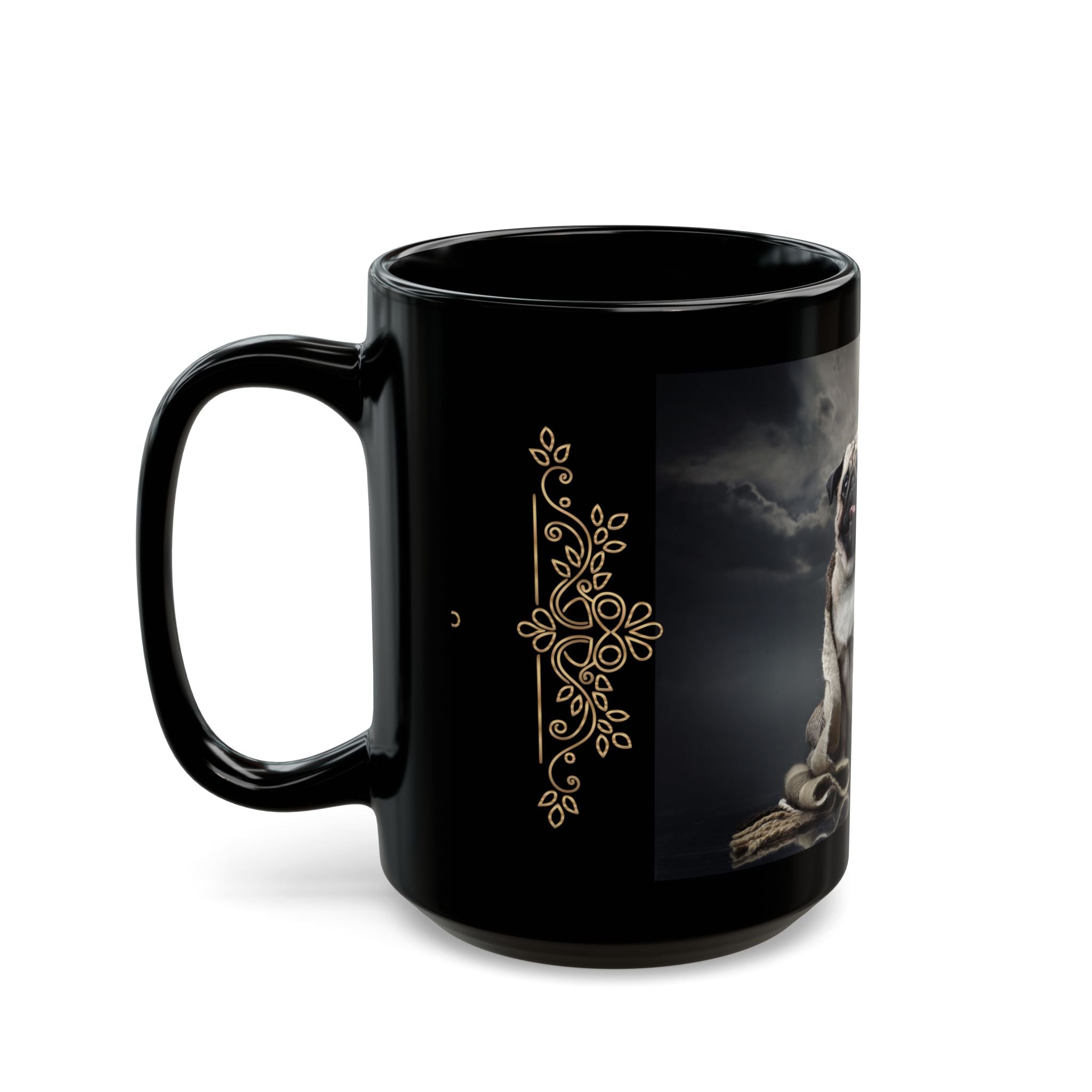 Pug Portrait Black Mug (11oz/15oz) — Regal Pug with Ornamental Accent