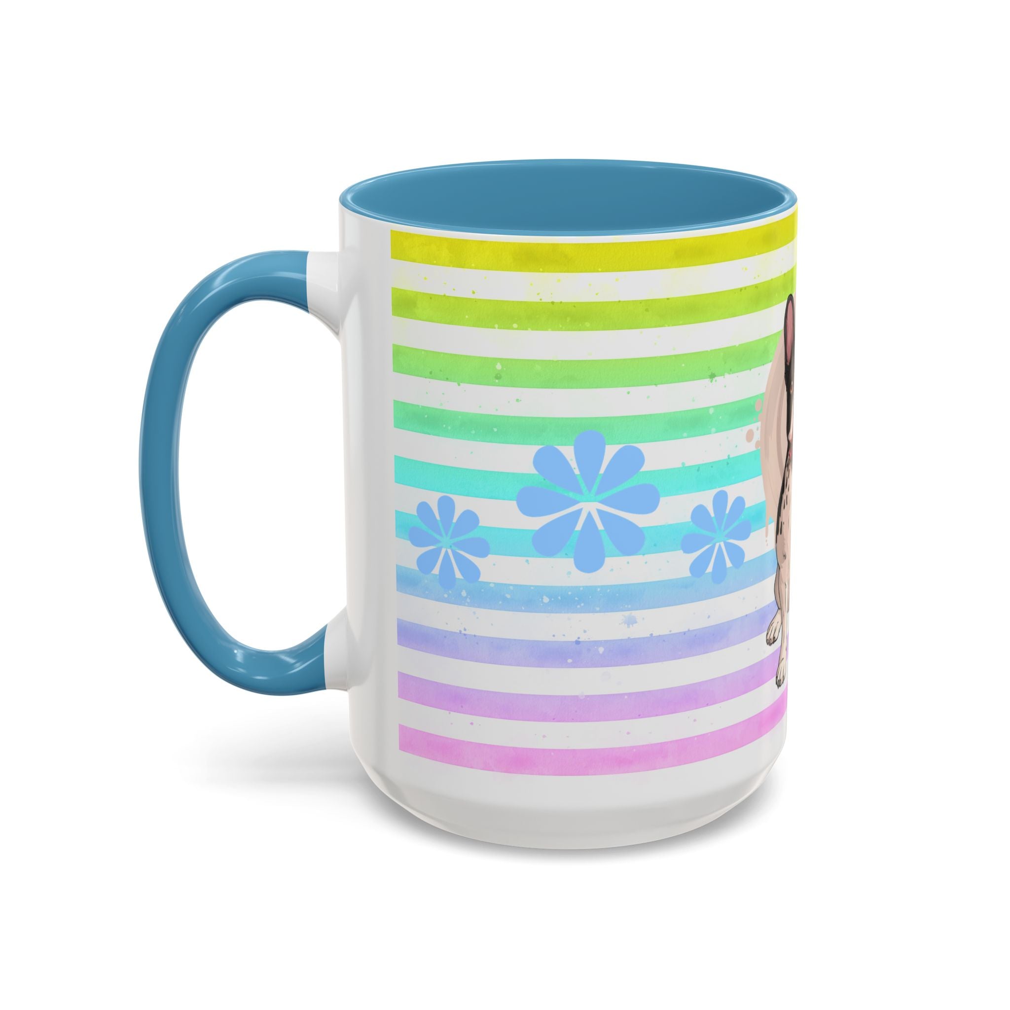 French Bulldog Coffee Mug — Cute Black & White Pup on Rainbow Stripes (Accent Mug 11/15oz)