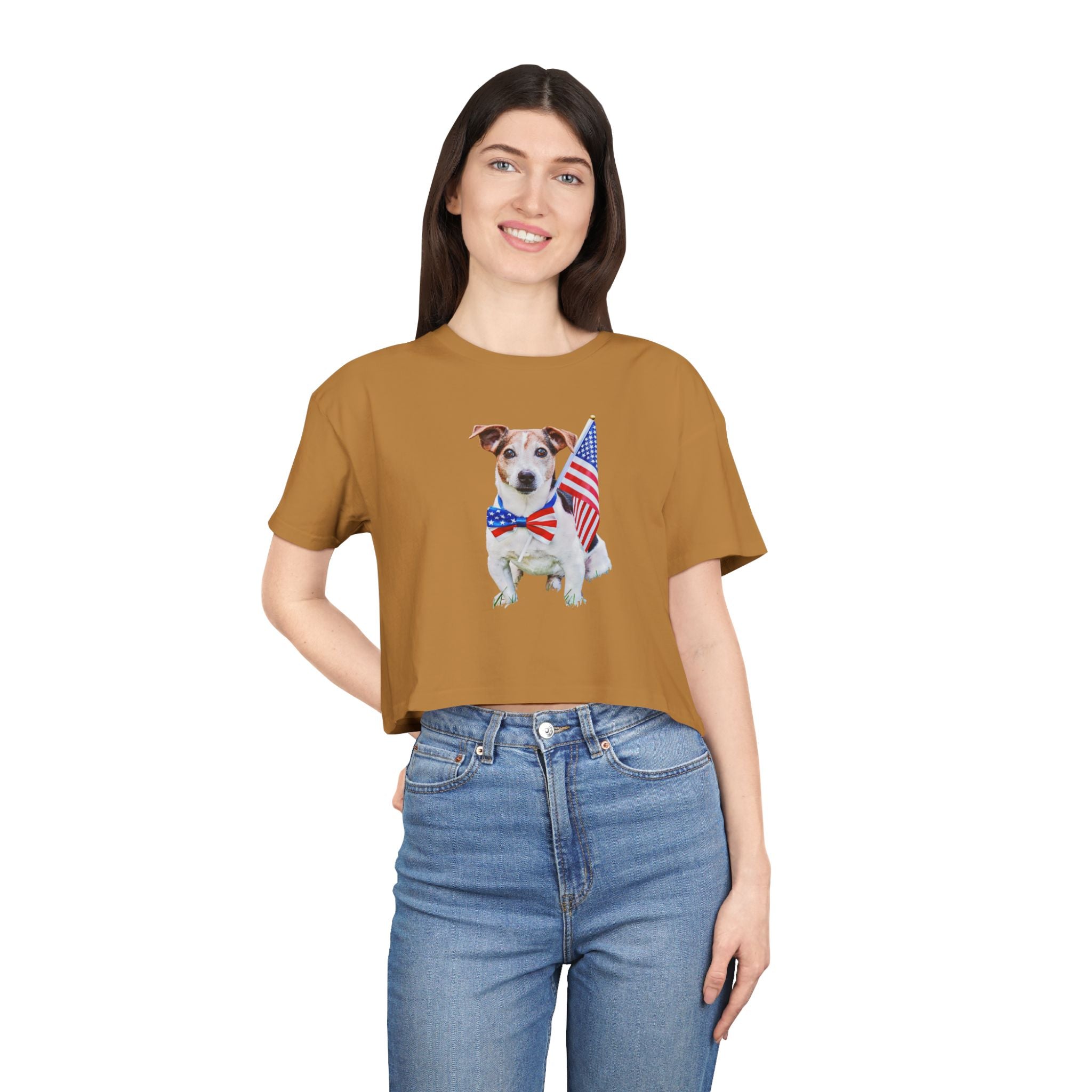 Patriotic Dog Crop Tee — Jack Russell with American Flag