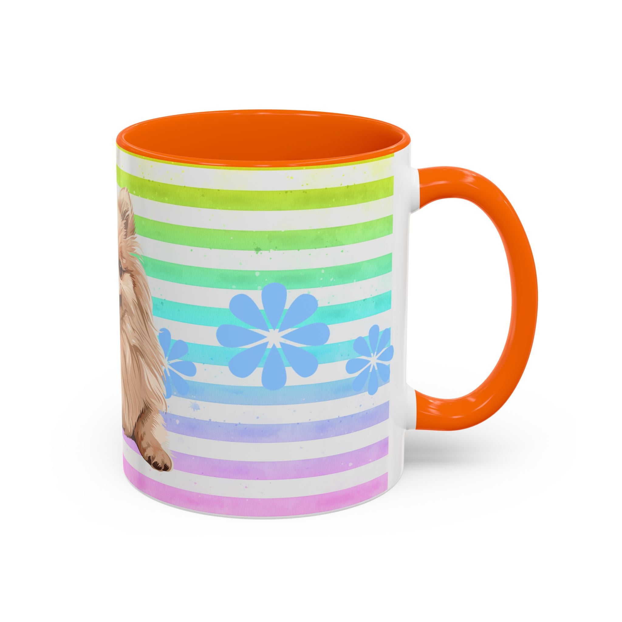 Pomeranian Dog Coffee Mug — Cute Fluffy Pup on Rainbow Stripes (Accent Mug 11/15oz)