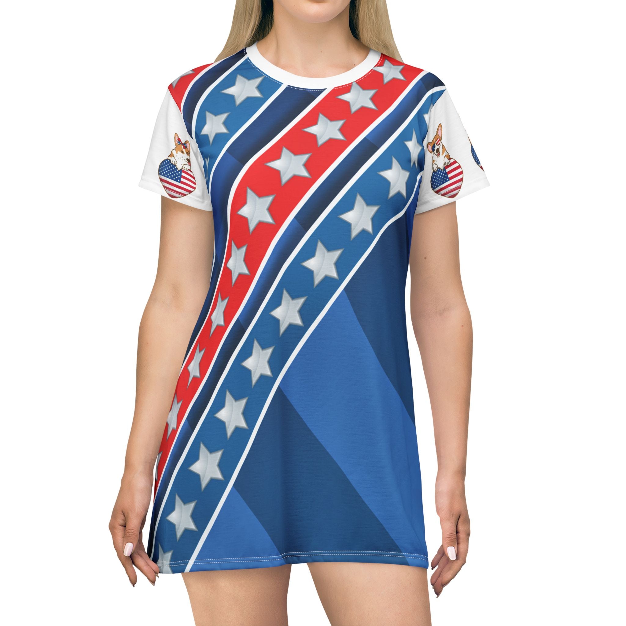 Patriotic Stars & Stripes T-Shirt Dress — USA Flag Diagonal Print
