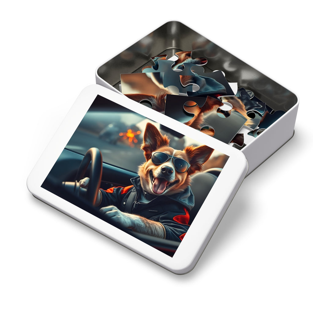 Corgi Driving Jigsaw Puzzle with Tin — Funny Dog Behind the Wheel | Dog Lover Gift