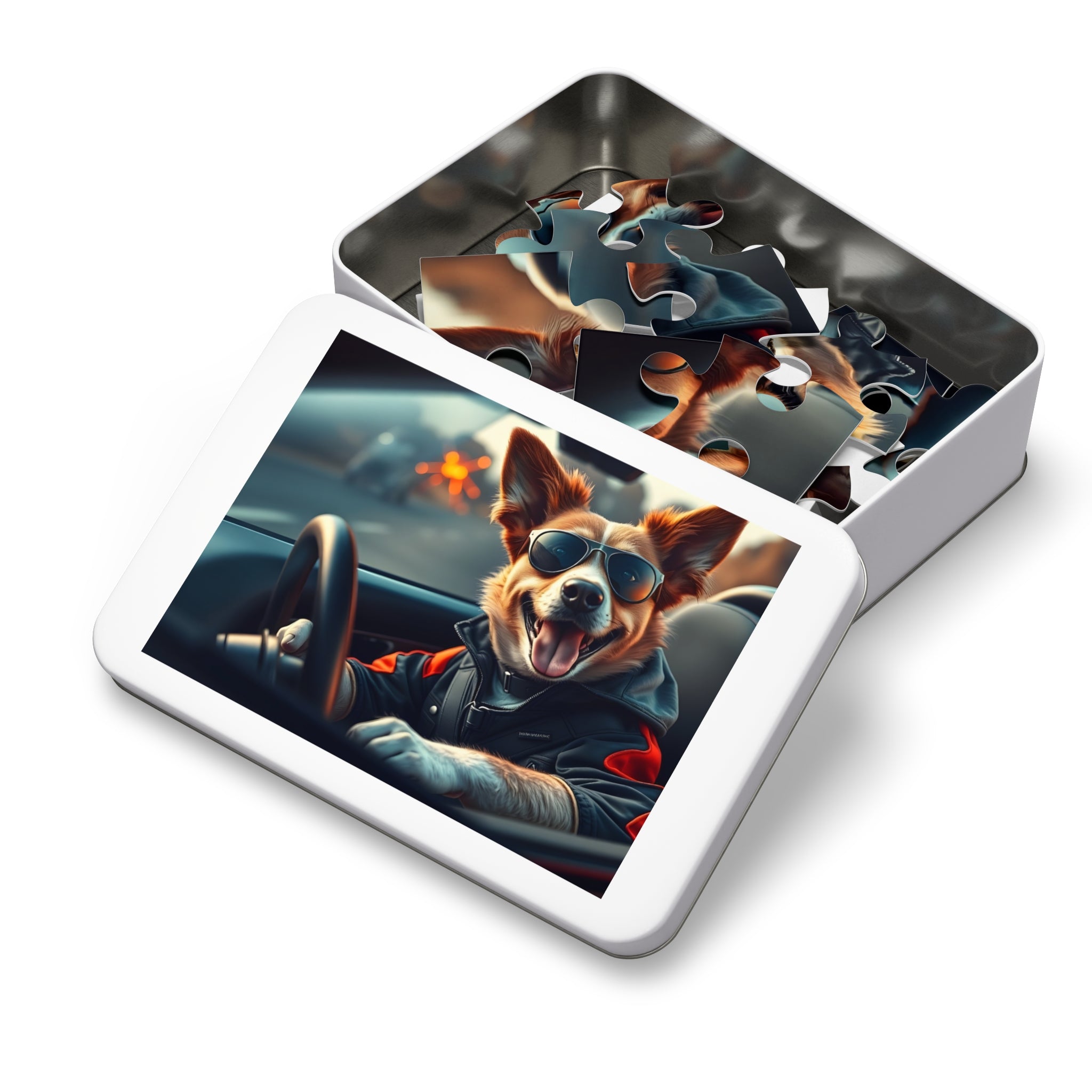 Corgi Driving Jigsaw Puzzle with Tin — Funny Dog Behind the Wheel | Dog Lover Gift